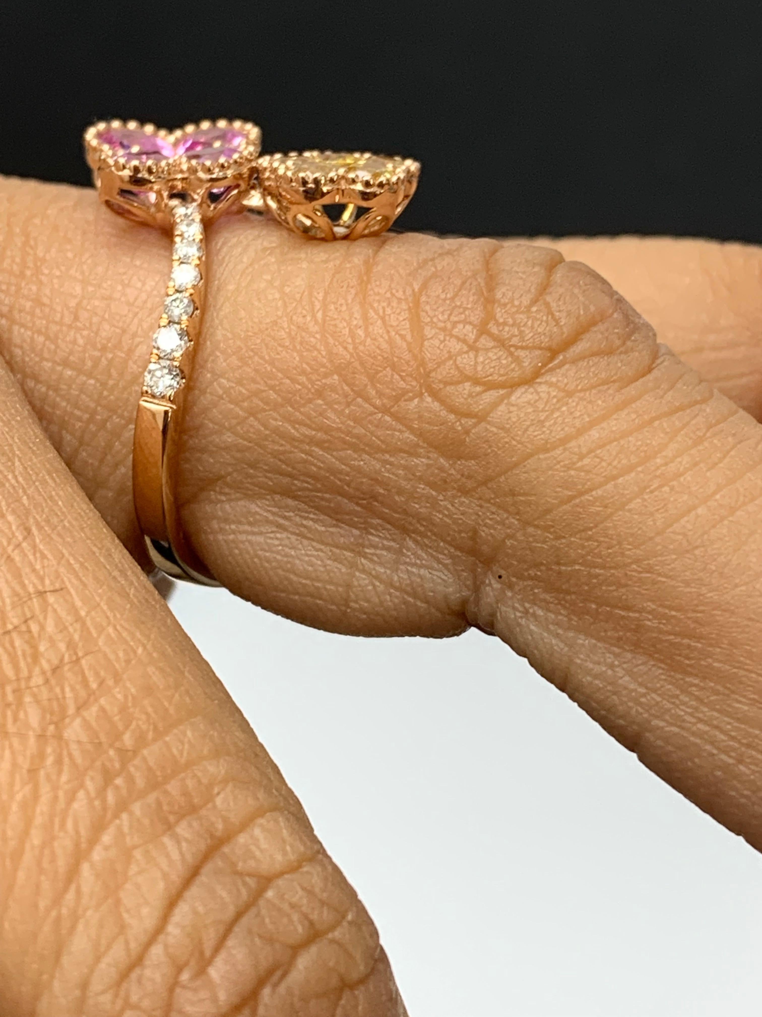 Pink and Yellow Sapphire Flower Diamond Ring in 18K Rose Gold For Sale 6