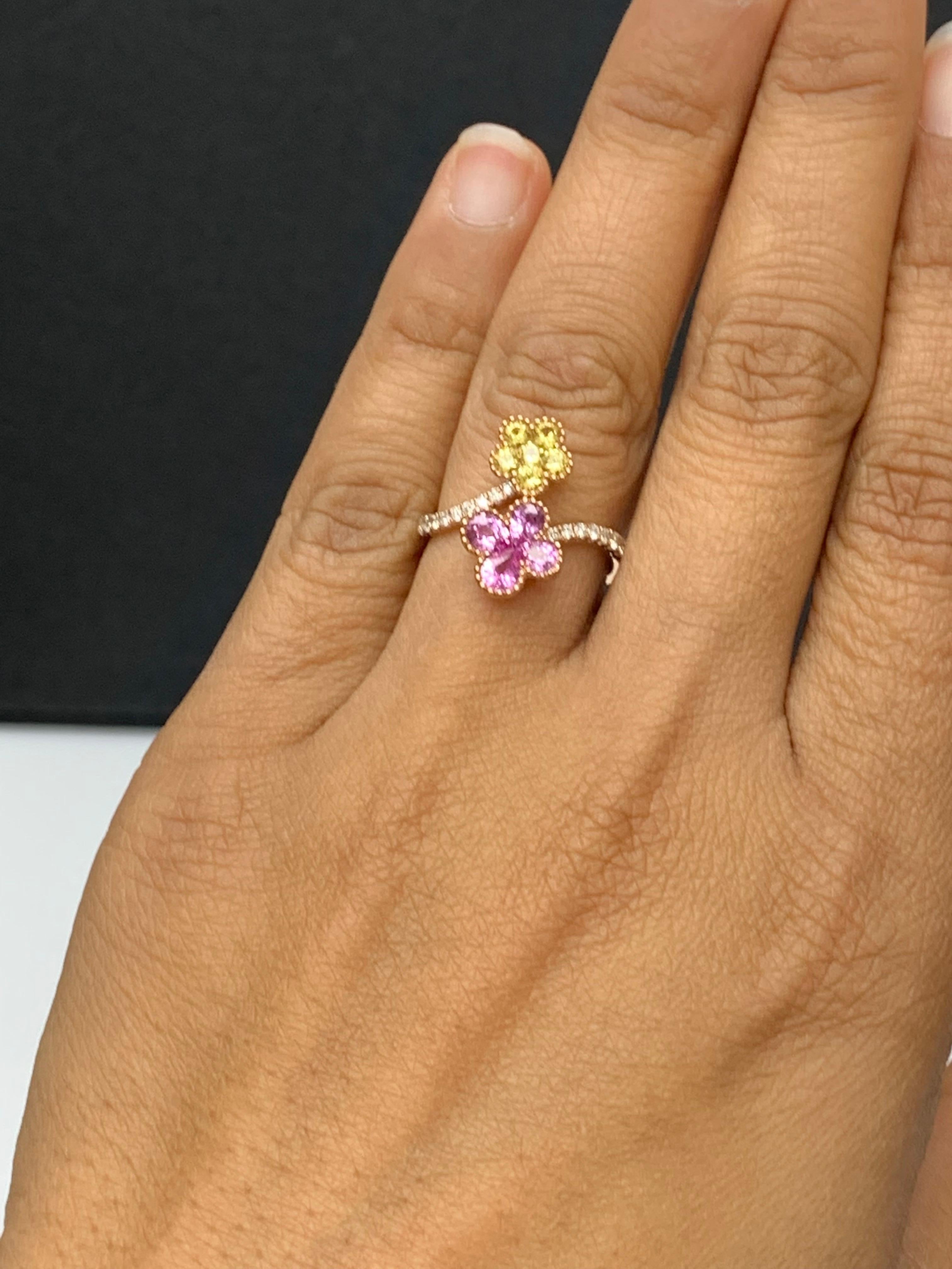 Pink and Yellow Sapphire Flower Diamond Ring in 18K Rose Gold For Sale 7