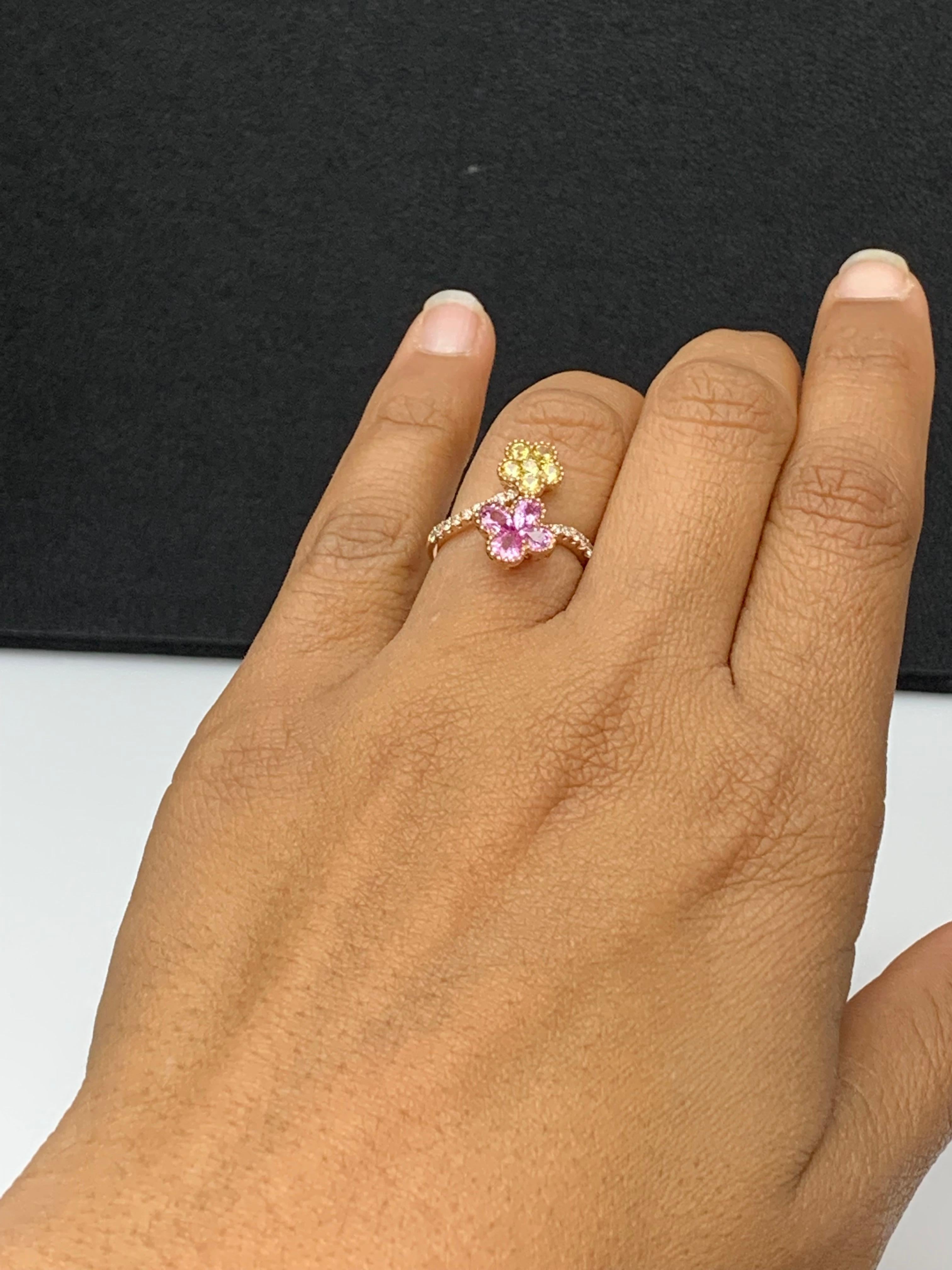 Pink and Yellow Sapphire Flower Diamond Ring in 18K Rose Gold For Sale 8