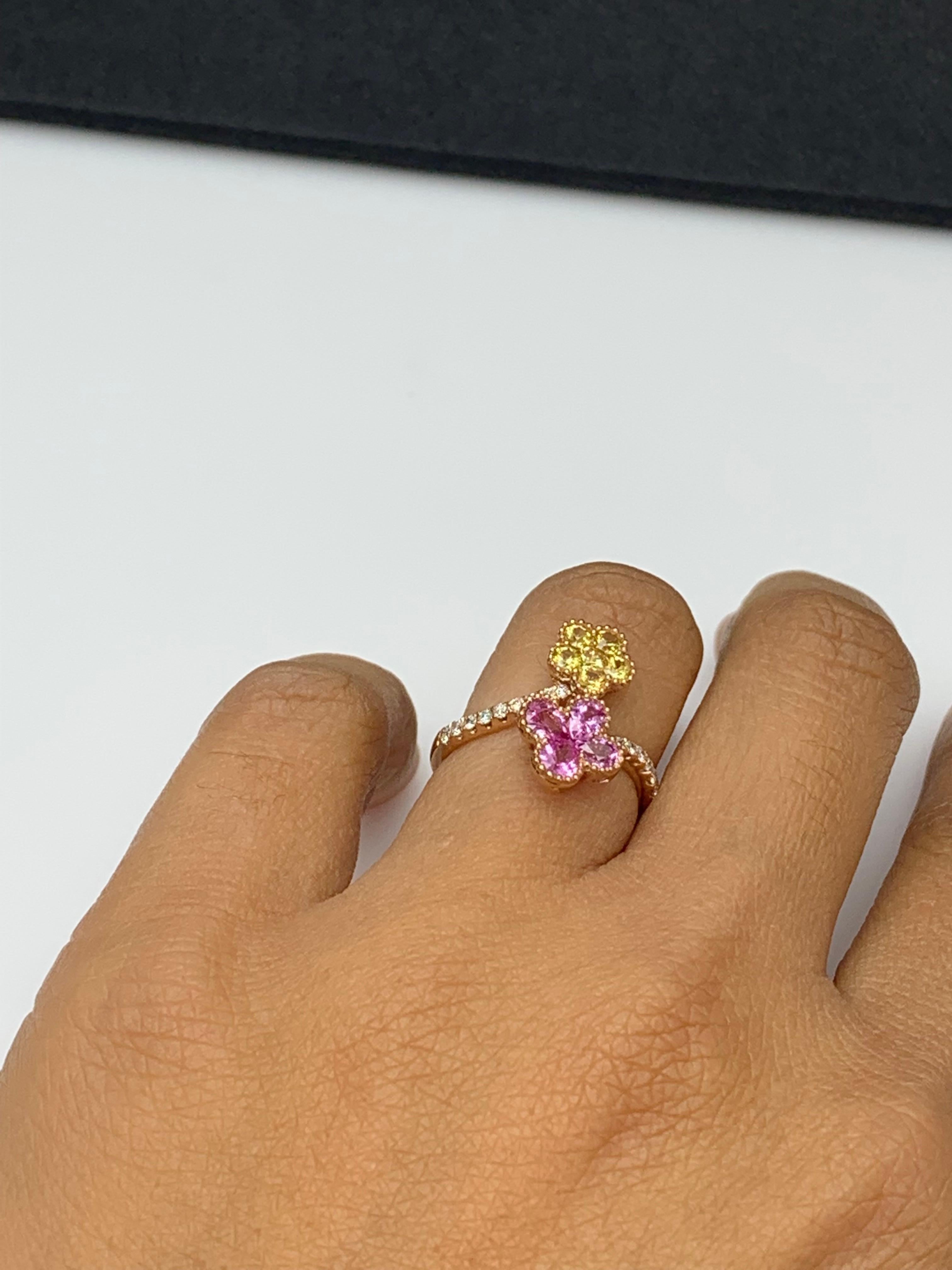 Pink and Yellow Sapphire Flower Diamond Ring in 18K Rose Gold For Sale 9