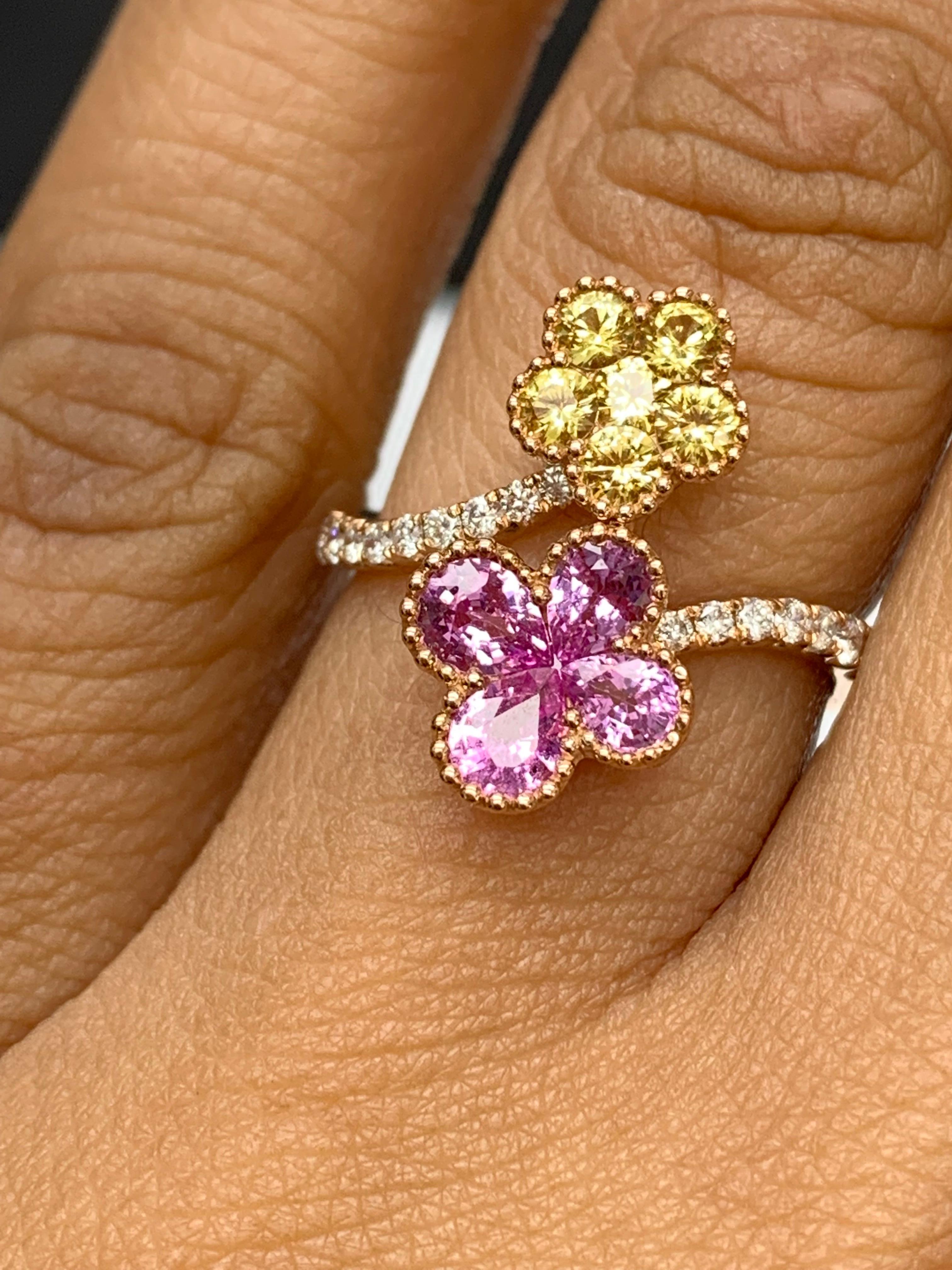Pink and Yellow Sapphire Flower Diamond Ring in 18K Rose Gold For Sale 11