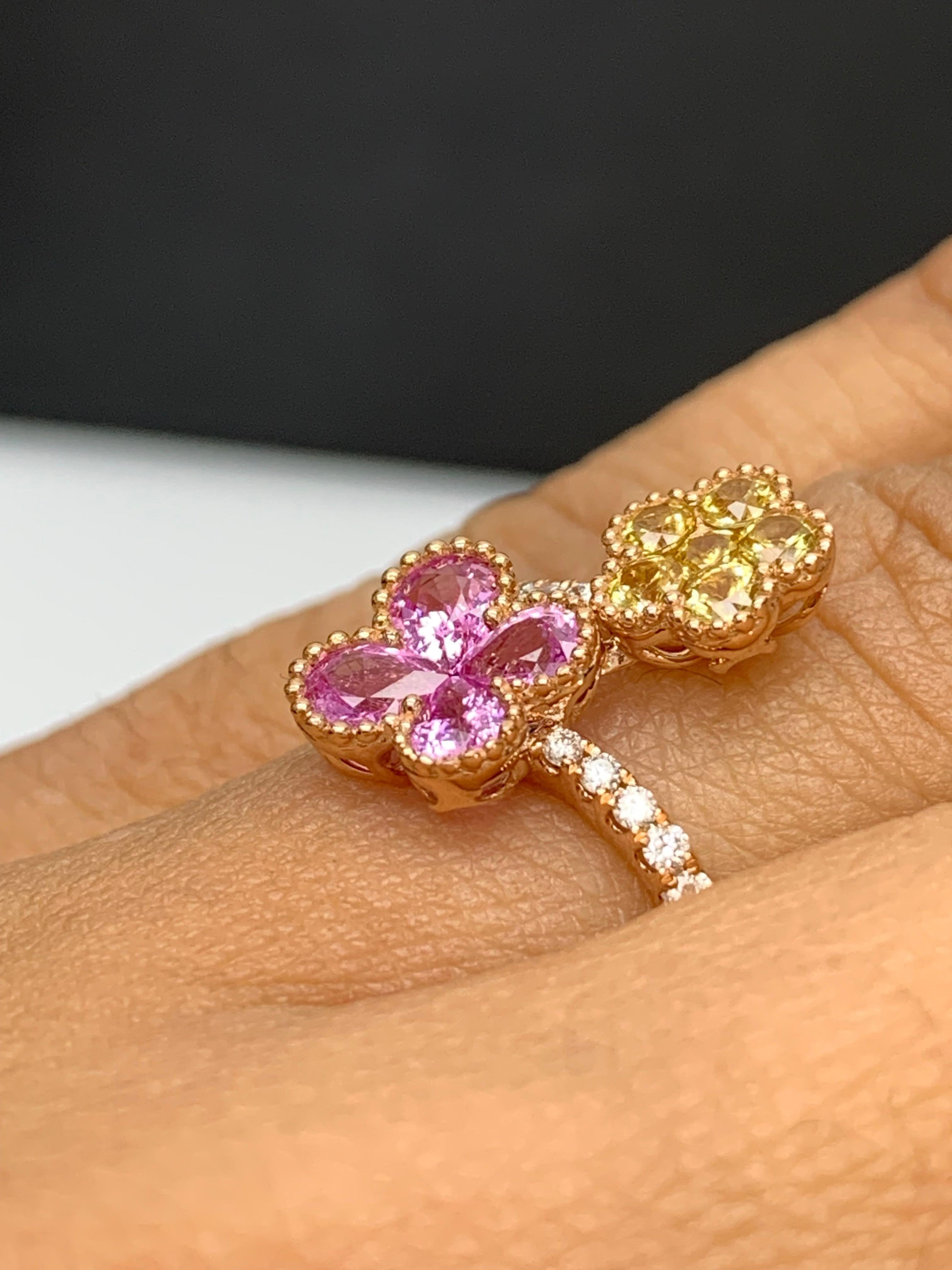 Pink and Yellow Sapphire Flower Diamond Ring in 18K Rose Gold For Sale 12
