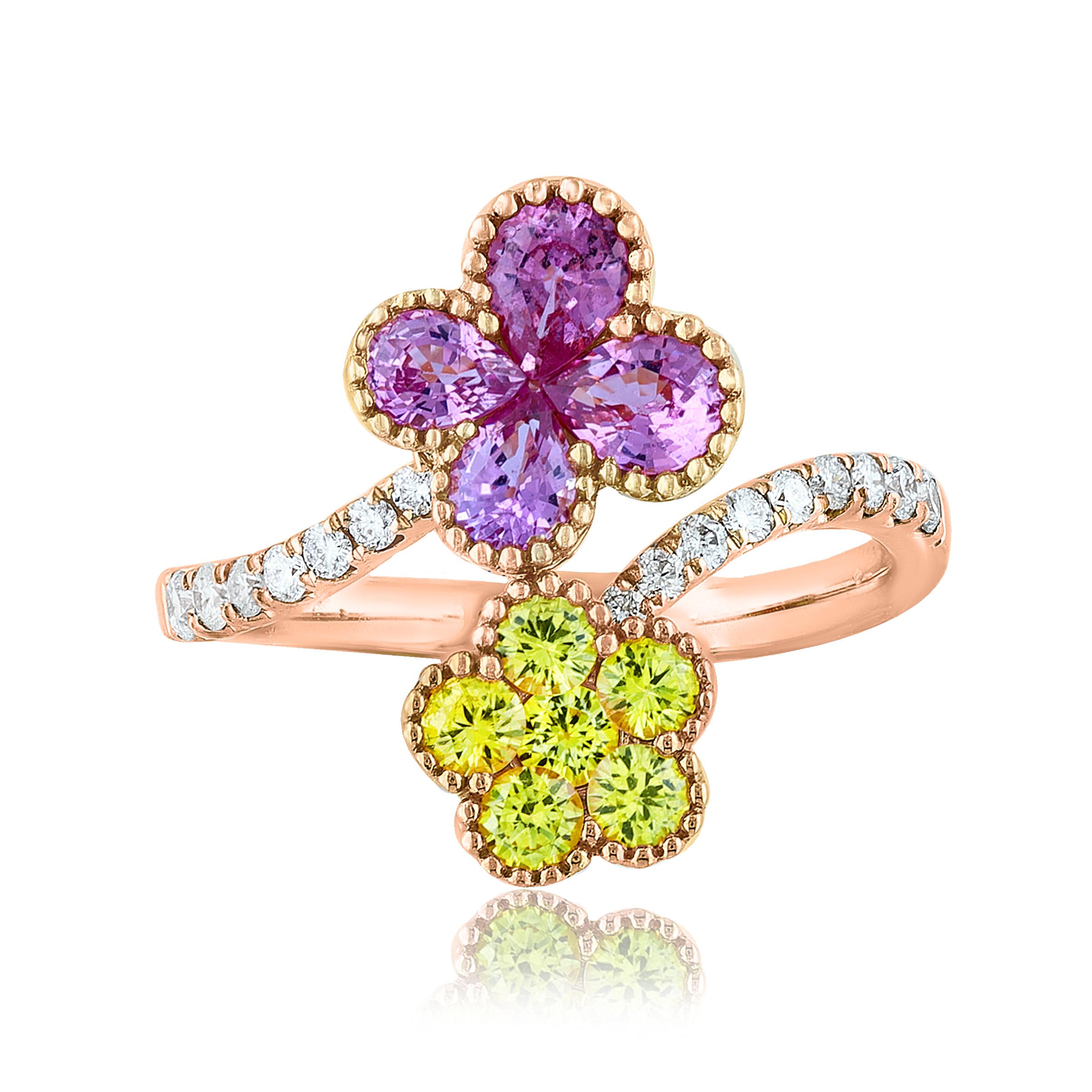 A fashionable piece of jewelry a cocktail flower ring showcasing 0.83 carats of 4 pink sapphires and 0.45 carats of 6 yellow sapphires.  16 accent diamonds weigh 0.21 carats in total.

Size 6.5 US (Sizable). 
All diamonds are GH color SI1