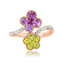Pink and Yellow Sapphire Flower Diamond Ring in 18K Rose Gold