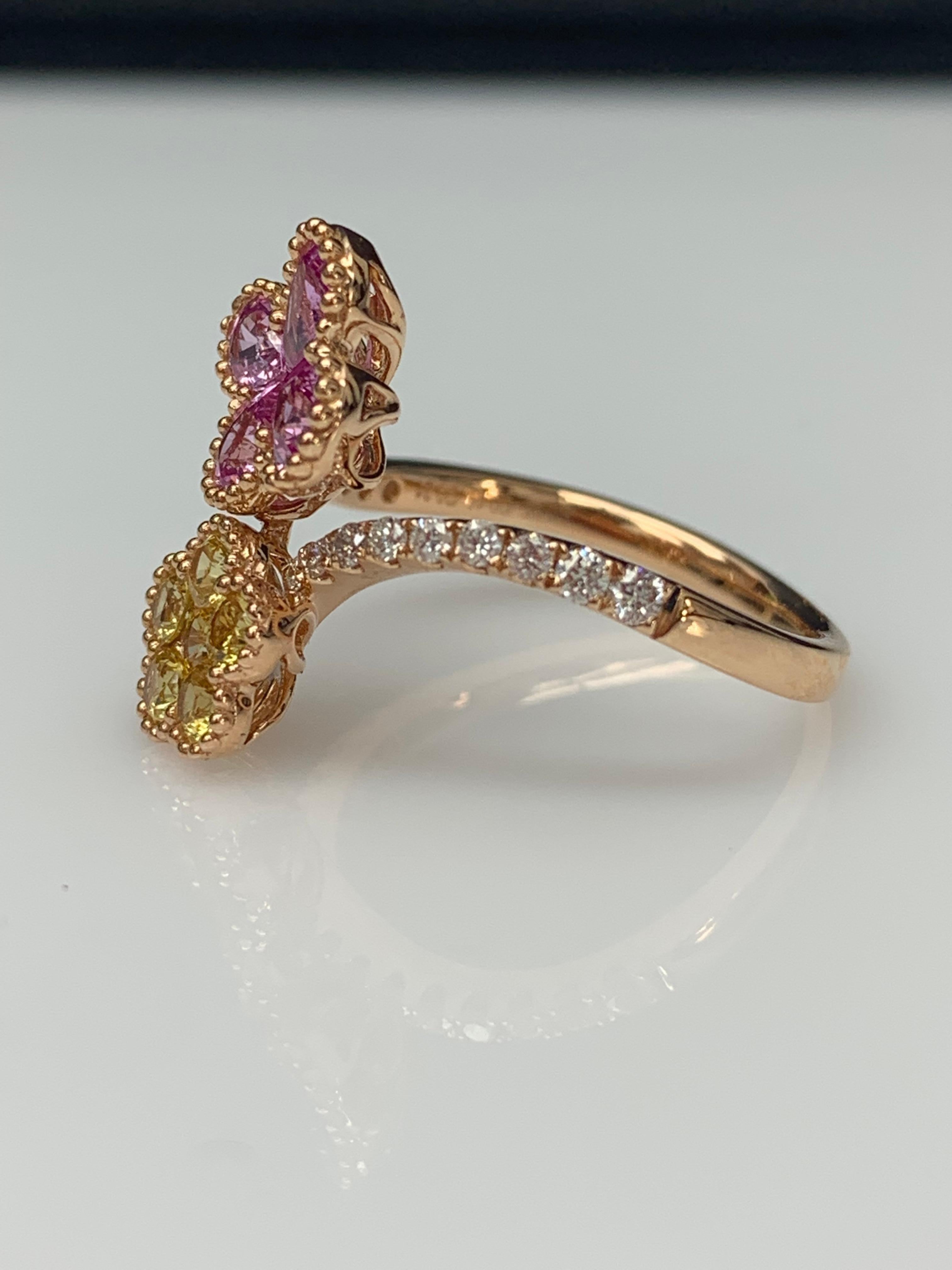 Contemporary Pink and Yellow Sapphire Flower Diamond Ring in 18K Rose Gold For Sale