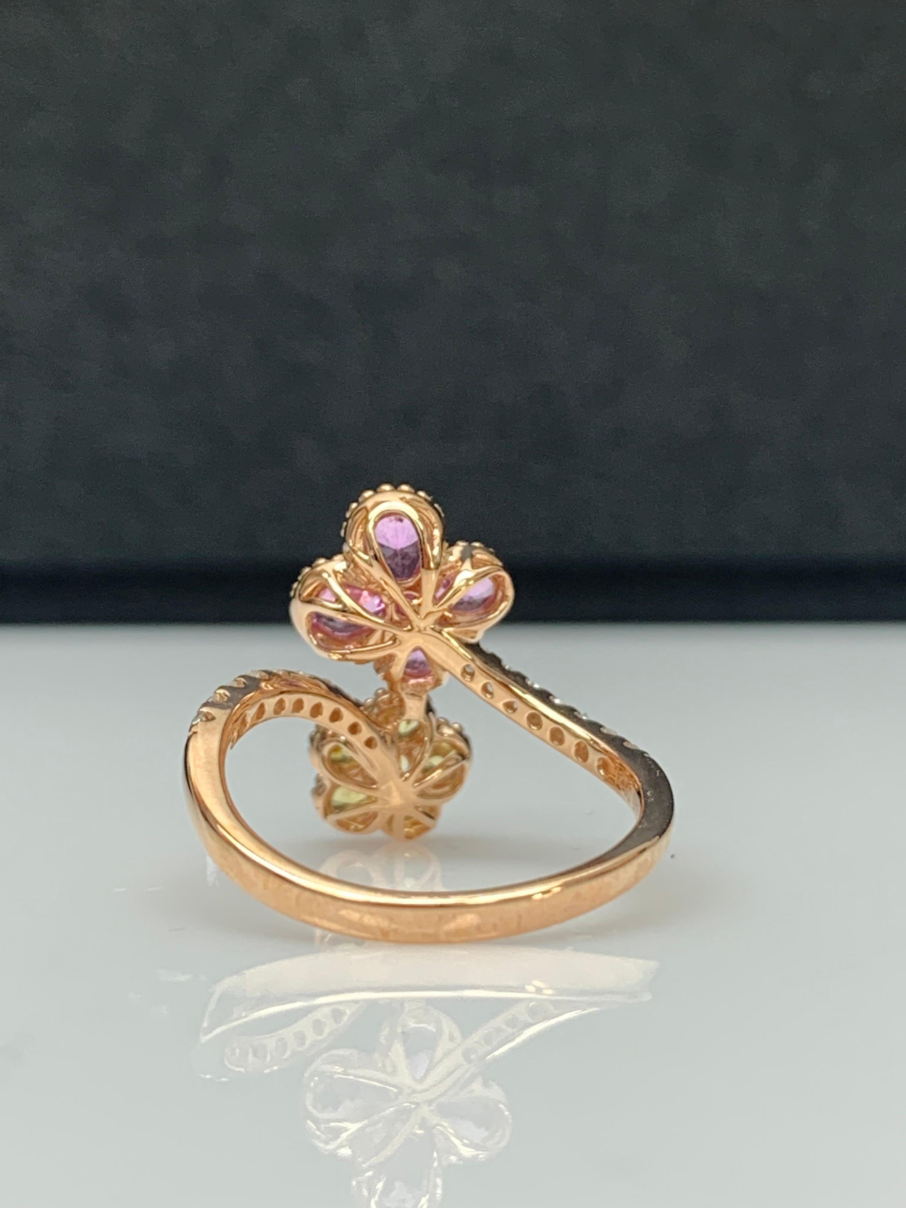 Pink and Yellow Sapphire Flower Diamond Ring in 18K Rose Gold In New Condition For Sale In NEW YORK, NY