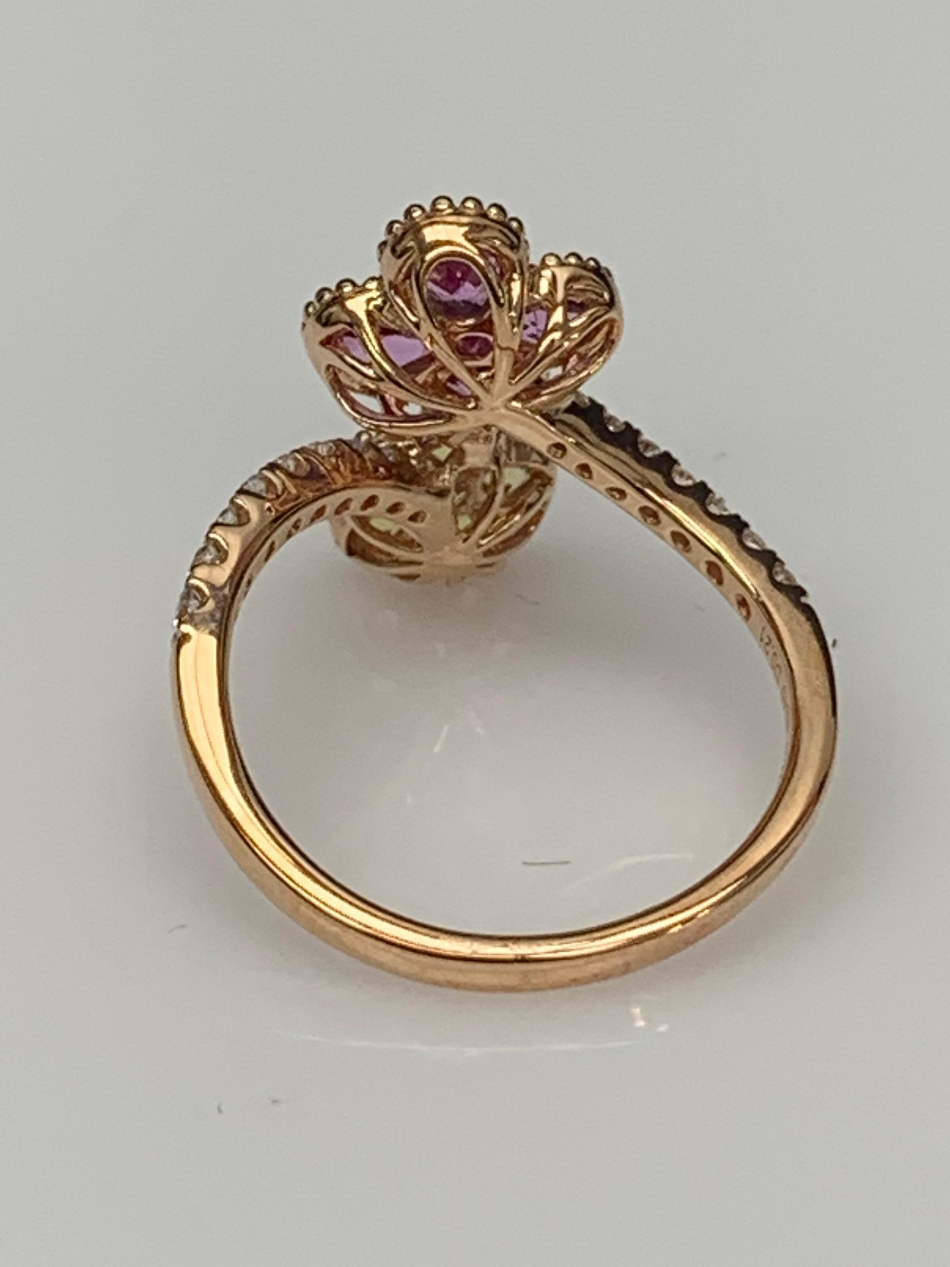 Women's Pink and Yellow Sapphire Flower Diamond Ring in 18K Rose Gold For Sale