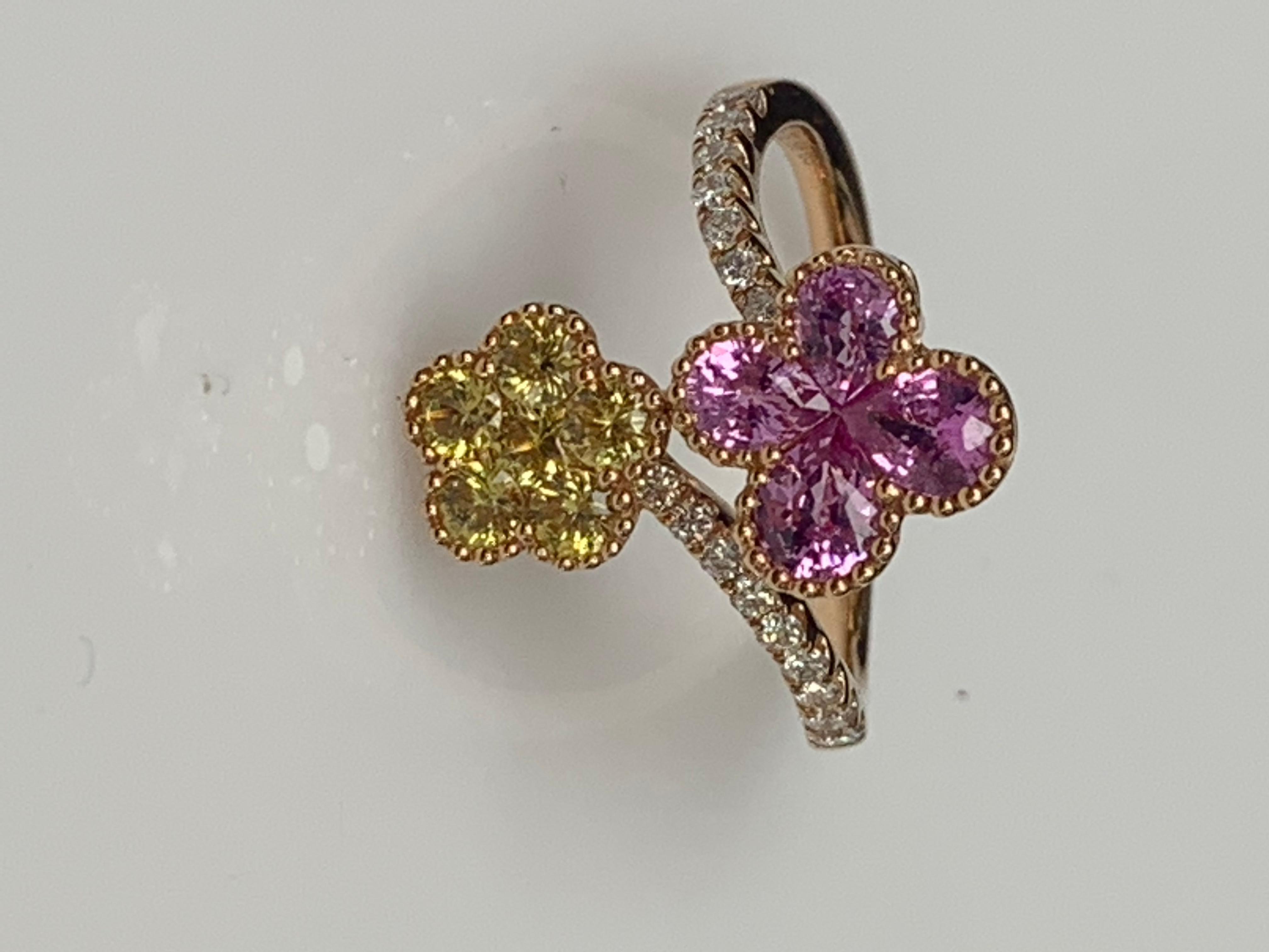 Pink and Yellow Sapphire Flower Diamond Ring in 18K Rose Gold For Sale 1