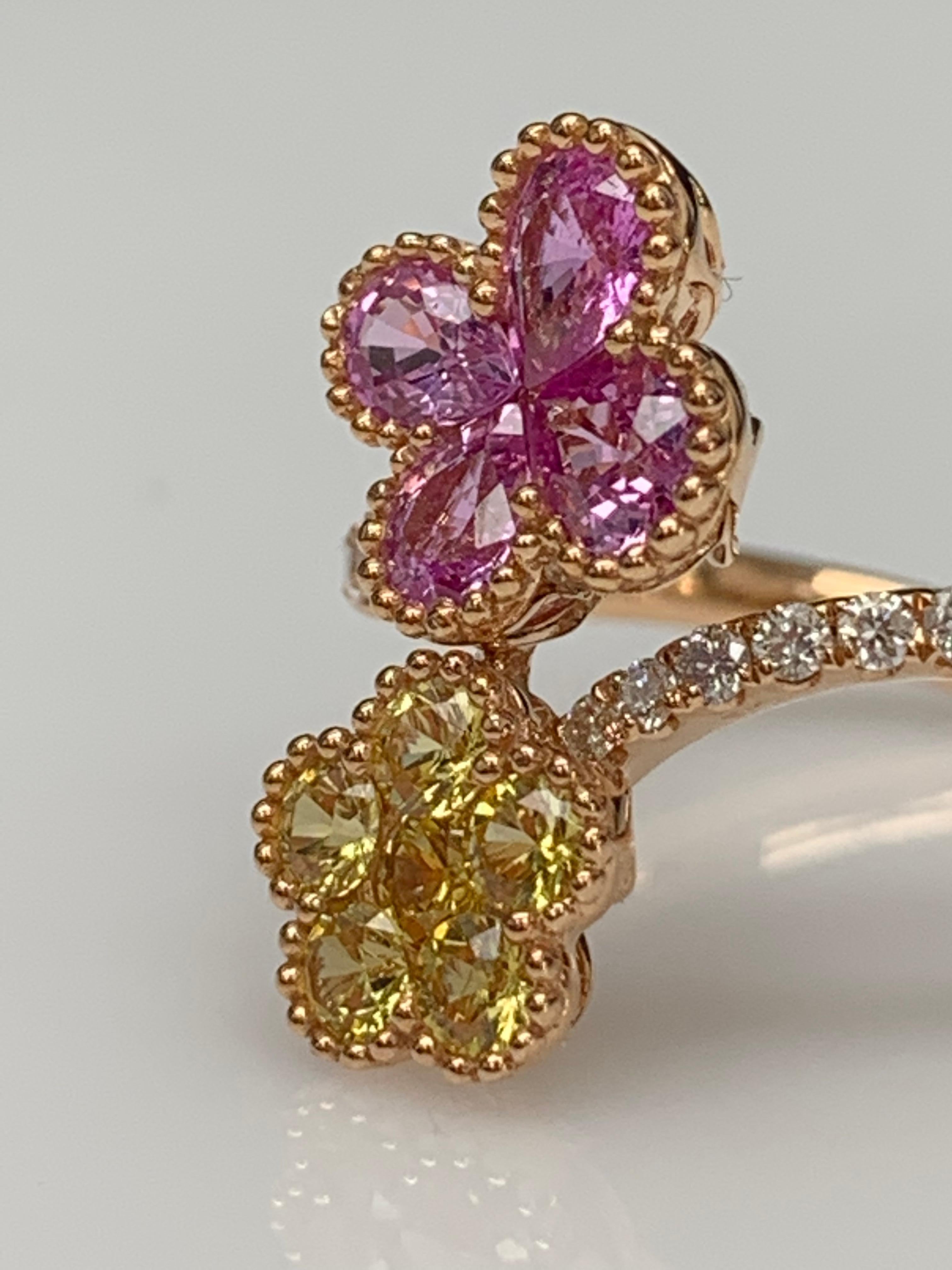 Pink and Yellow Sapphire Flower Diamond Ring in 18K Rose Gold For Sale 2