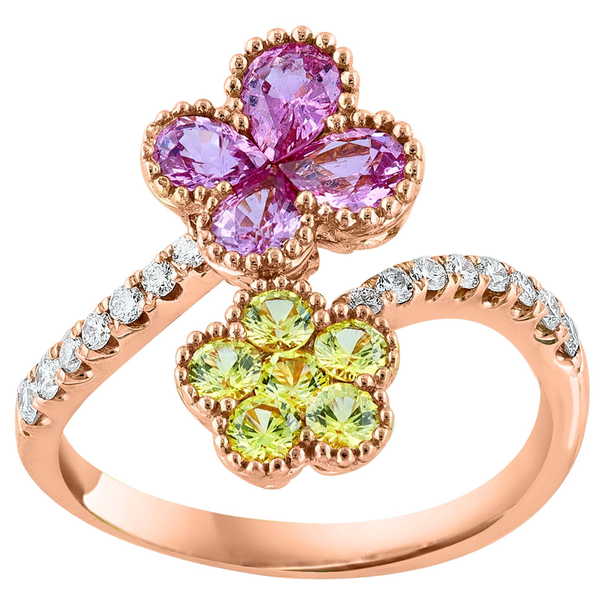 Pink and Yellow Sapphire Flower Diamond Ring in 18K Rose Gold For Sale