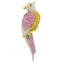 Pink and Yellow Sapphire Parrot Brooch