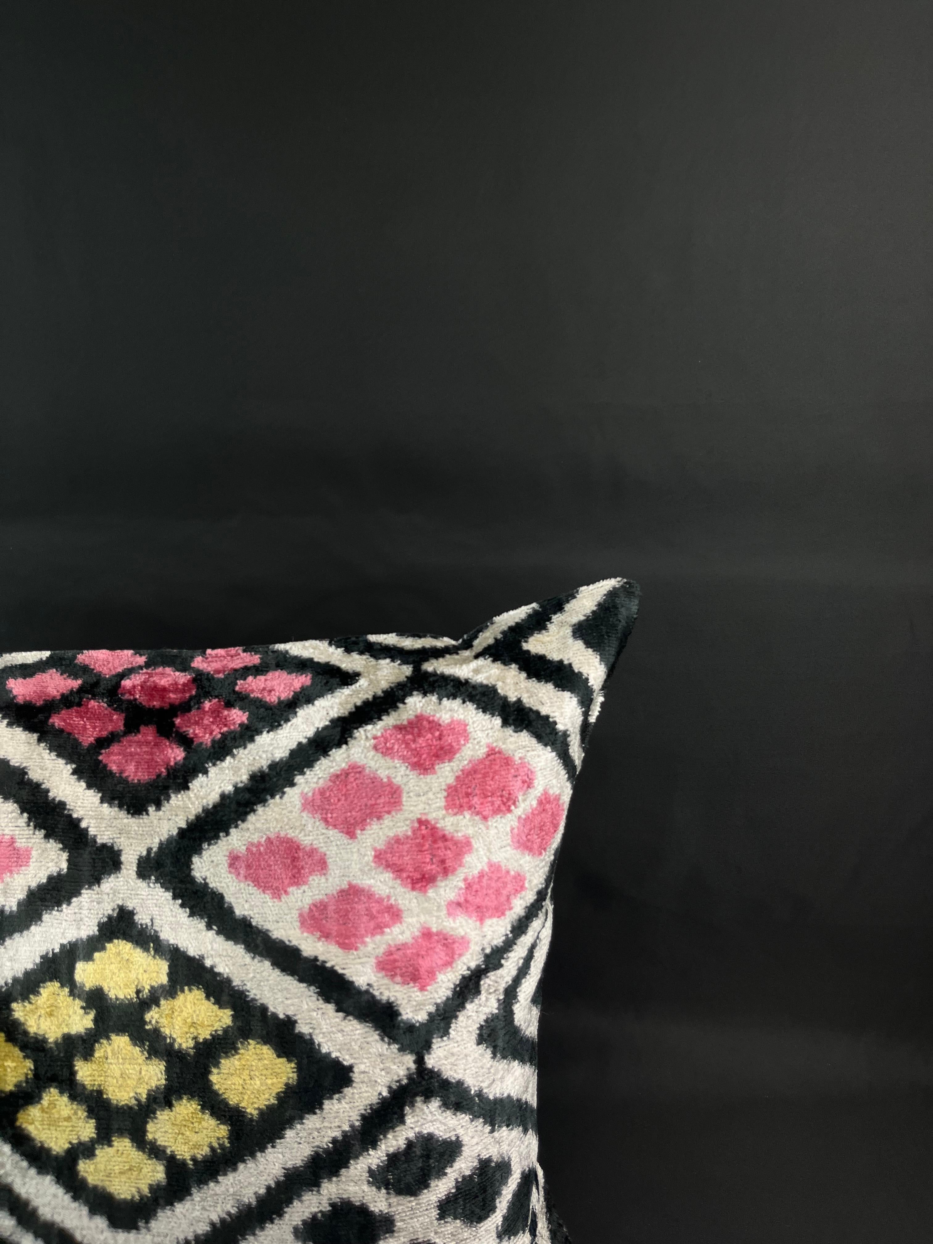 Modern Pink and Yellow Velvet Silk Ikat Pillow Cover For Sale