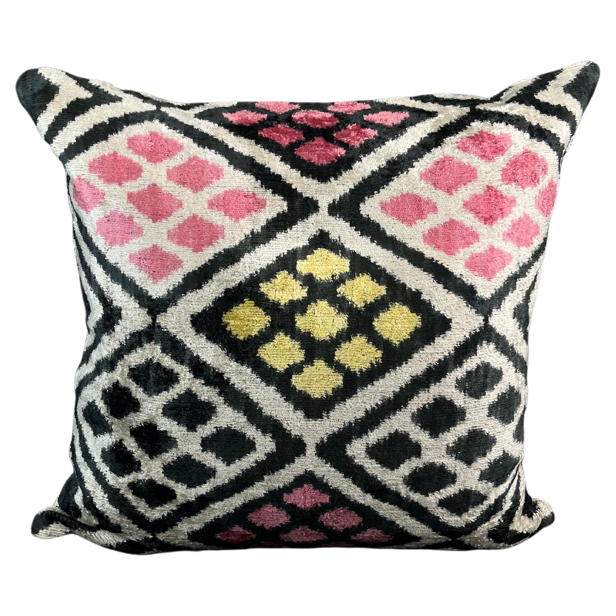Pink and Yellow Velvet Silk Ikat Pillow Cover For Sale