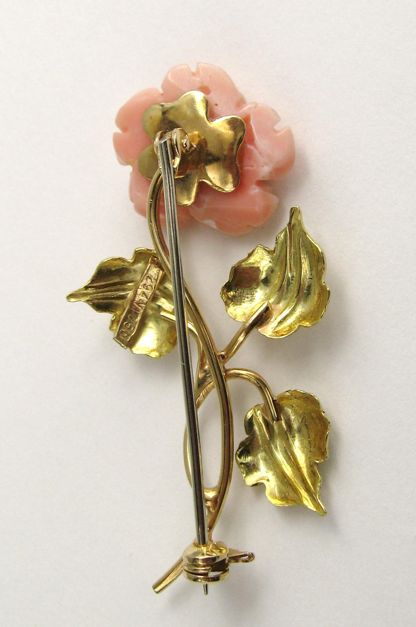 Rose Cut Pink Angel Coral 18 Karat Gold Rose Brooch Pin