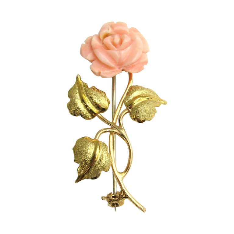 Pink Angel Coral 18 Karat Gold Rose Brooch Pin For Sale at 1stDibs | gold rose  pin, pink rose brooch