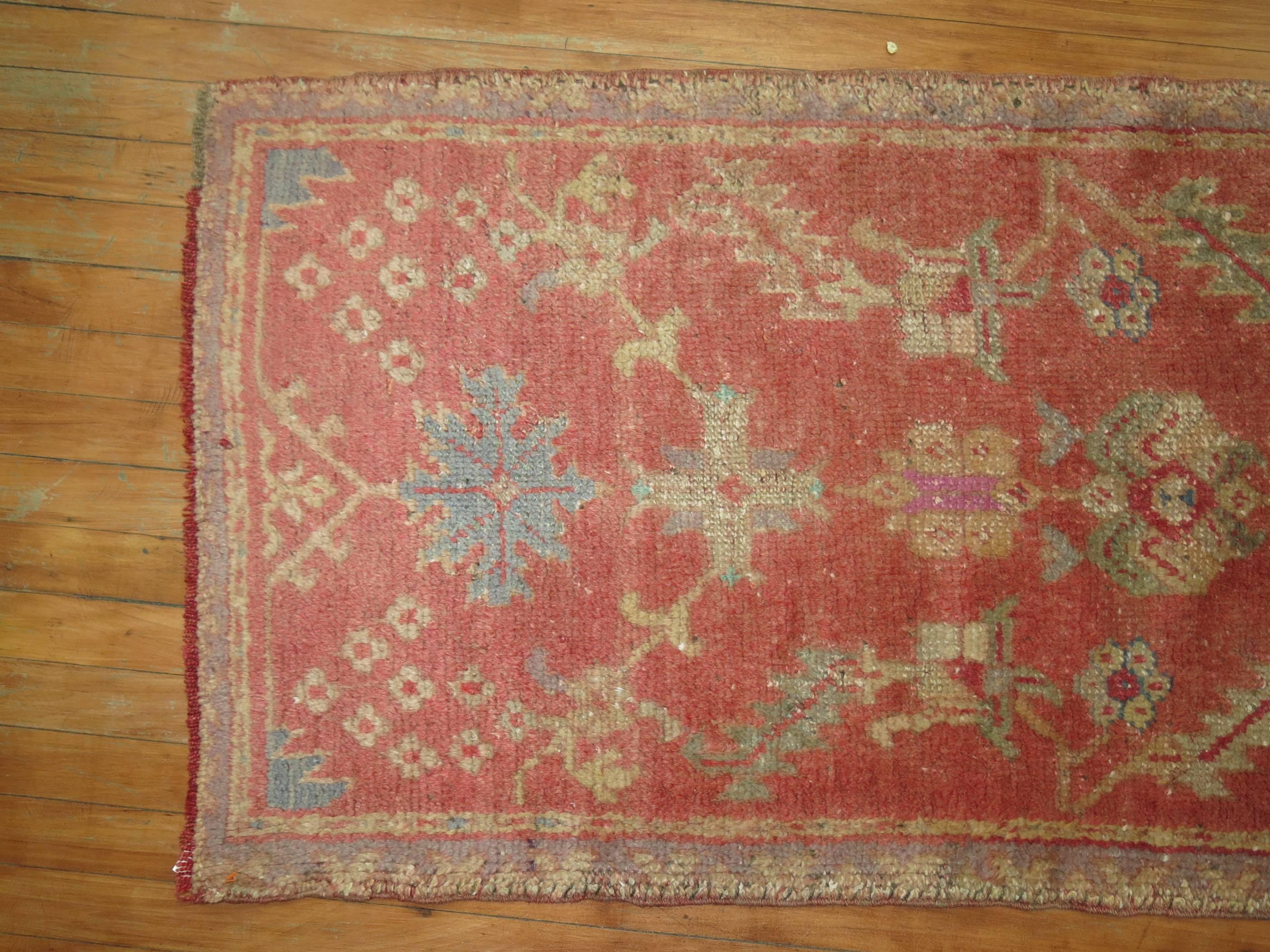 Hand-Woven Pink Antique Turkish Oushak Runner For Sale
