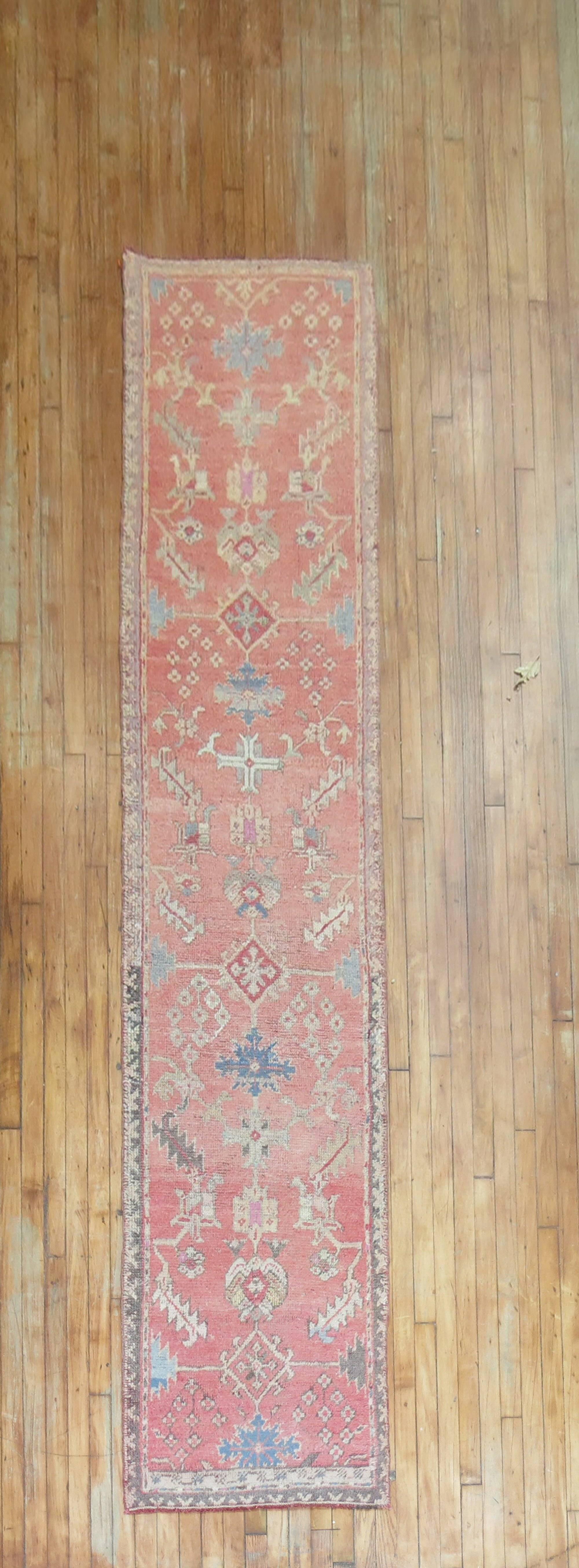 Pink Antique Turkish Oushak Runner For Sale 1