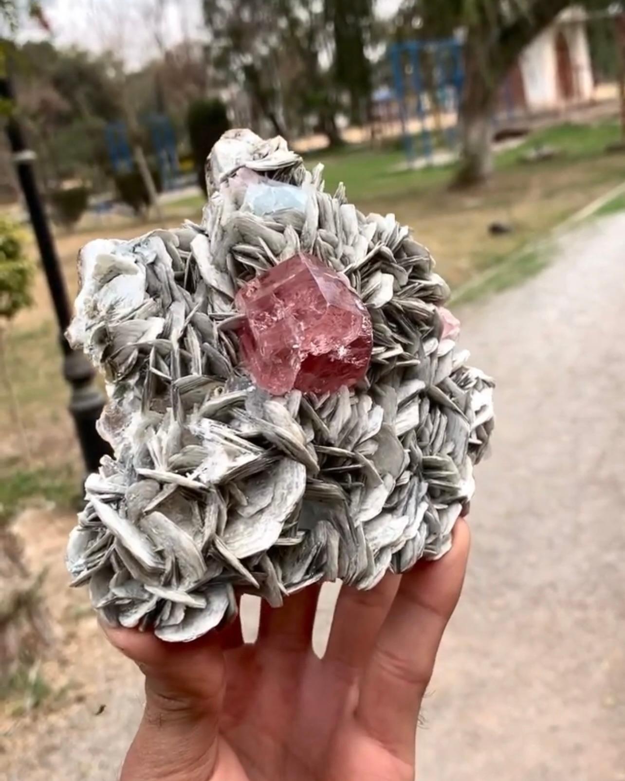 Pink Apatite Crystal Nicely Positioned On Muscovite Matrix From Pakistan In Good Condition For Sale In Peshawar, PK