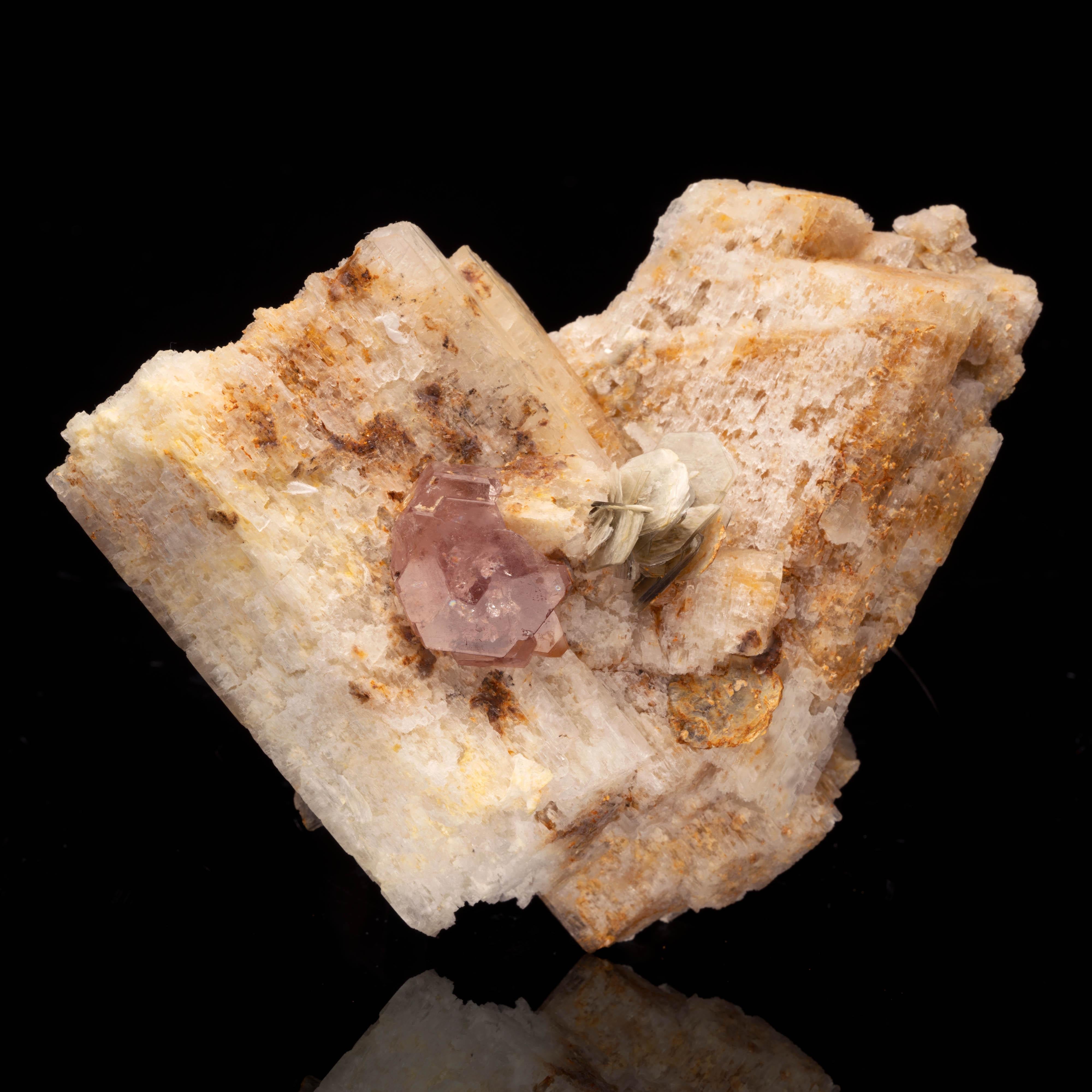 This unique specimen from Pakistan features one deeply pigmented and beautifully formed gemmy pink apatite crystal accompanied by lustrous flakes of muscovite accenting a contrastingly pale, sculptural bed of microcline. A combination piece with