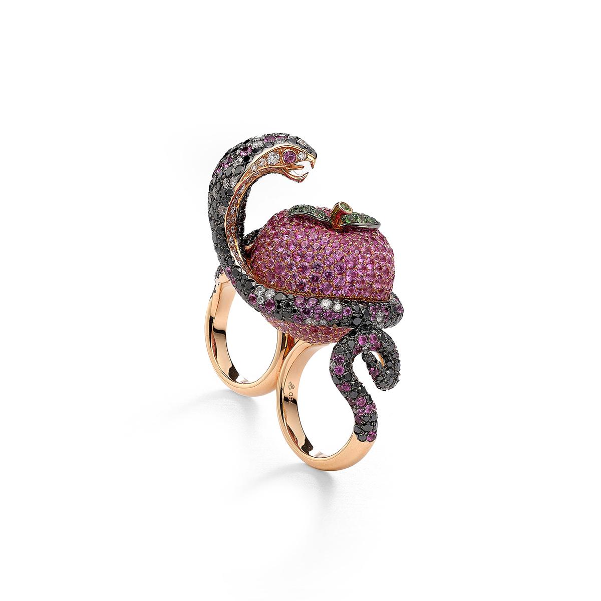 Apple Snake ring in 18kt pink gold set with 102 diamonds 1.92 cts, 333 black diamonds 6.22 cts, 493 pink sapphires 12.75 cts, 17 tzavorites 0.28 cts          
