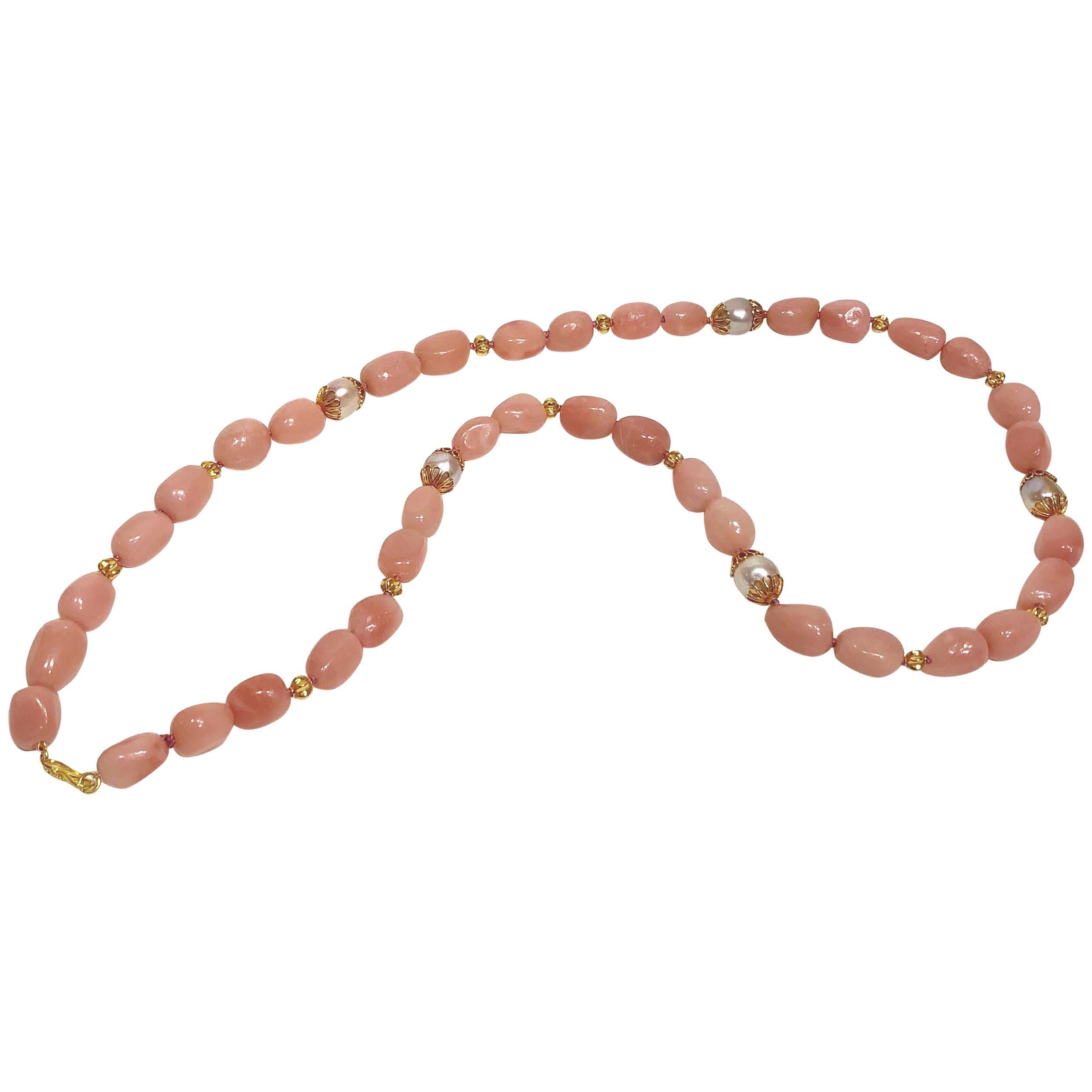 Pink Aragonite, Freshwater Pearls and 18 Karat Gold Necklace For Sale