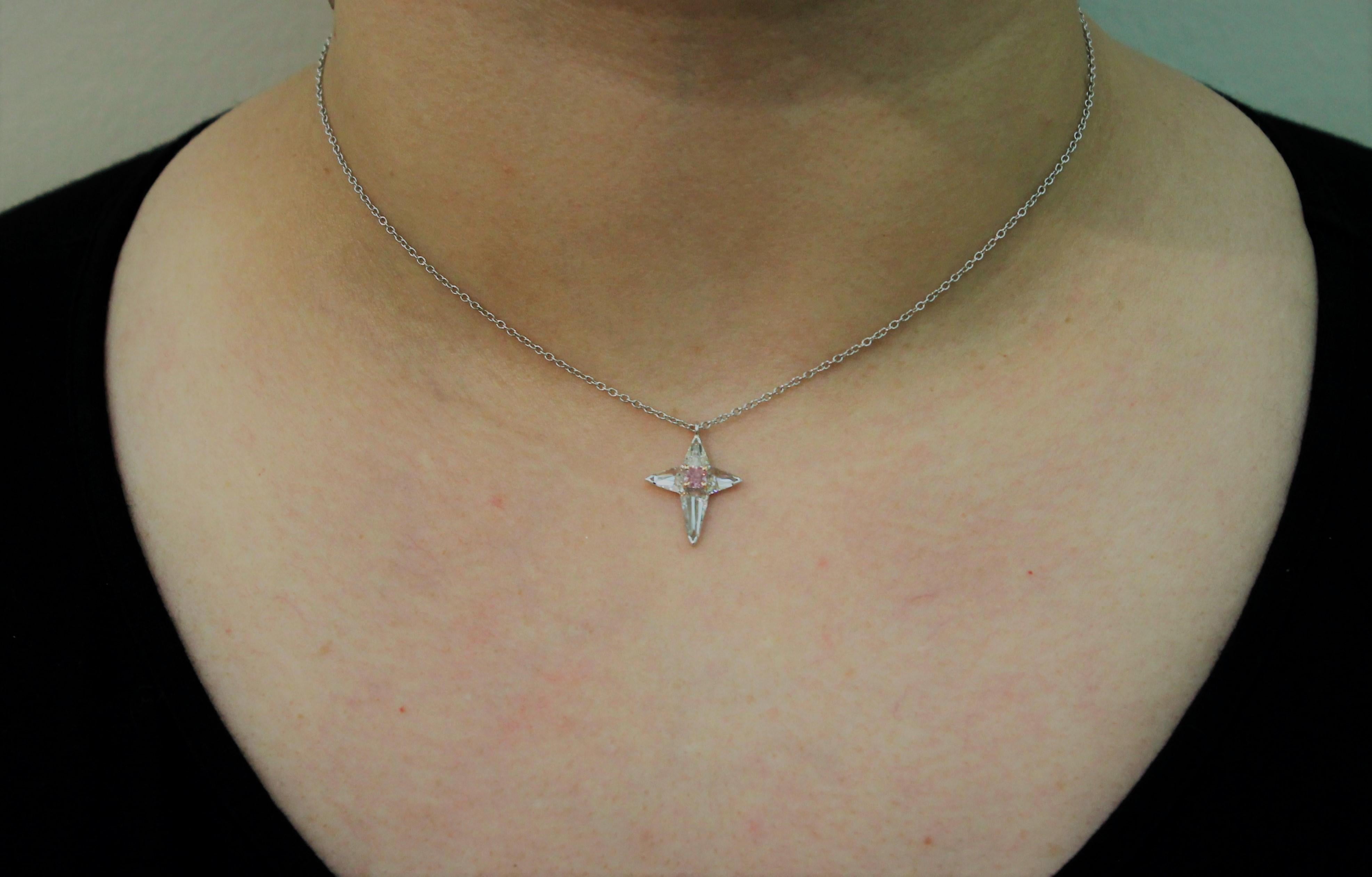 Contemporary Pink Argyle Radiant Diamond and White Diamond Cross Pendant Necklace For Sale