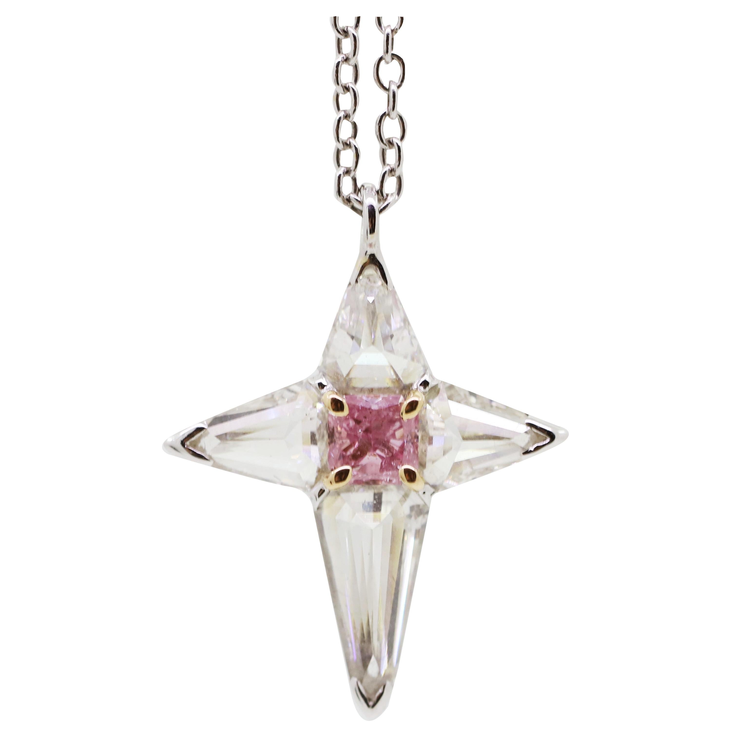 Pink Argyle Radiant Diamond and White Diamond Cross Pendant Necklace For Sale