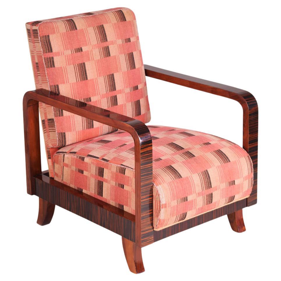 Pink Art Deco Armchair, Made in 1930s Czechia and Restored, Original Fabric For Sale