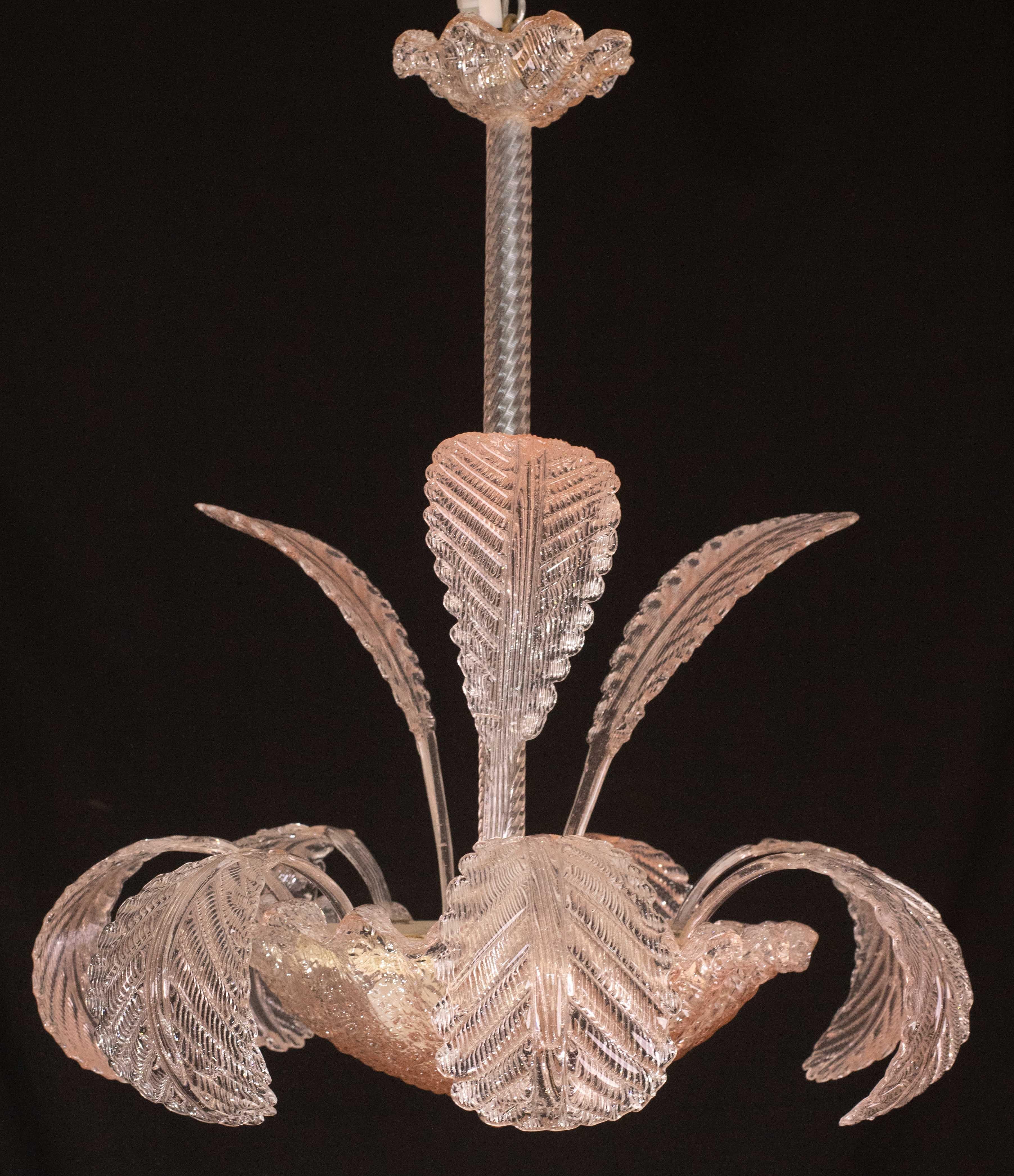 Pink Art Decò Barovier e Toso Chandelier, Murano Glass, 1950s en vente 3