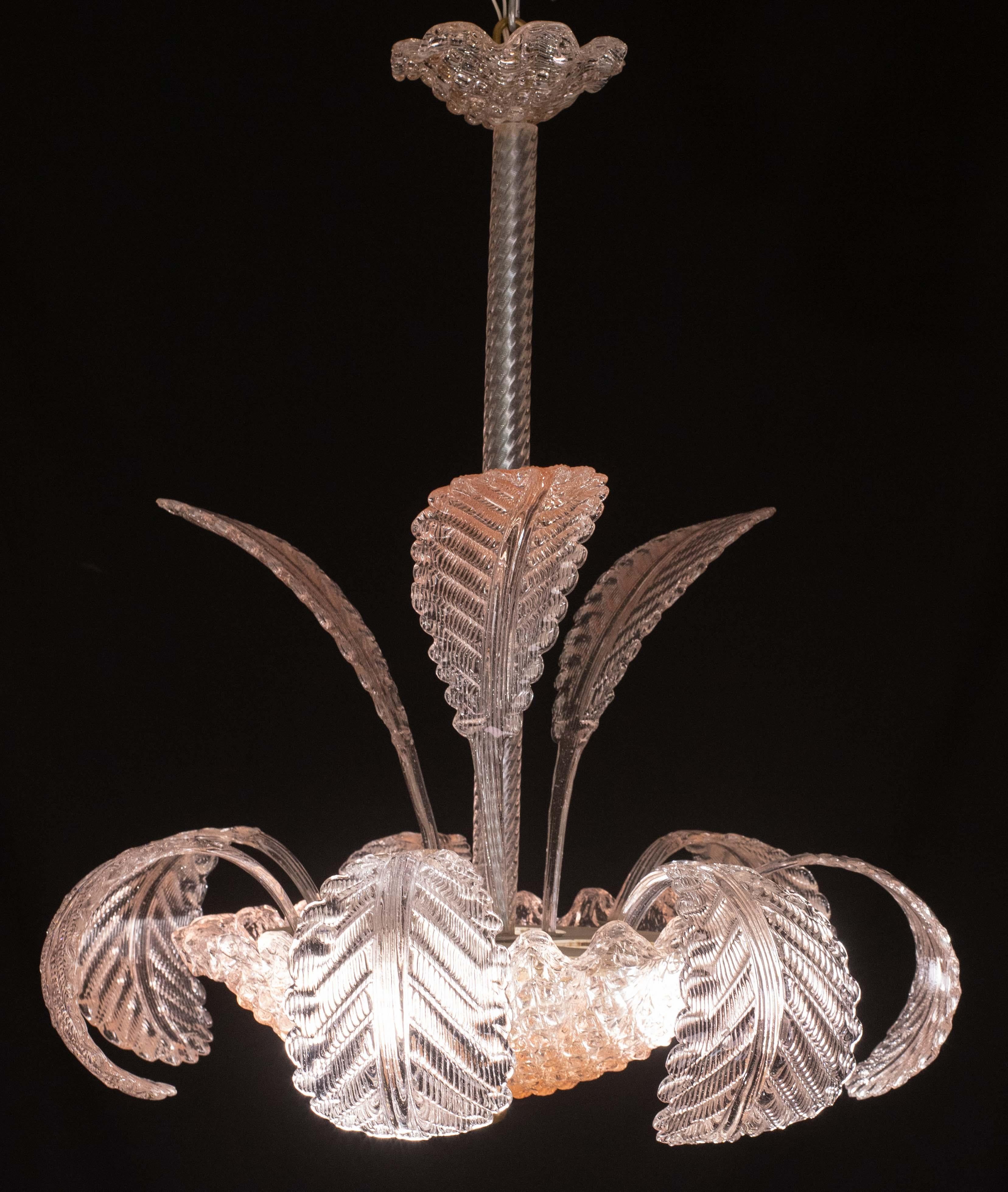 Pink Art Decò Barovier e Toso Chandelier, Murano Glass, 1950s en vente 7