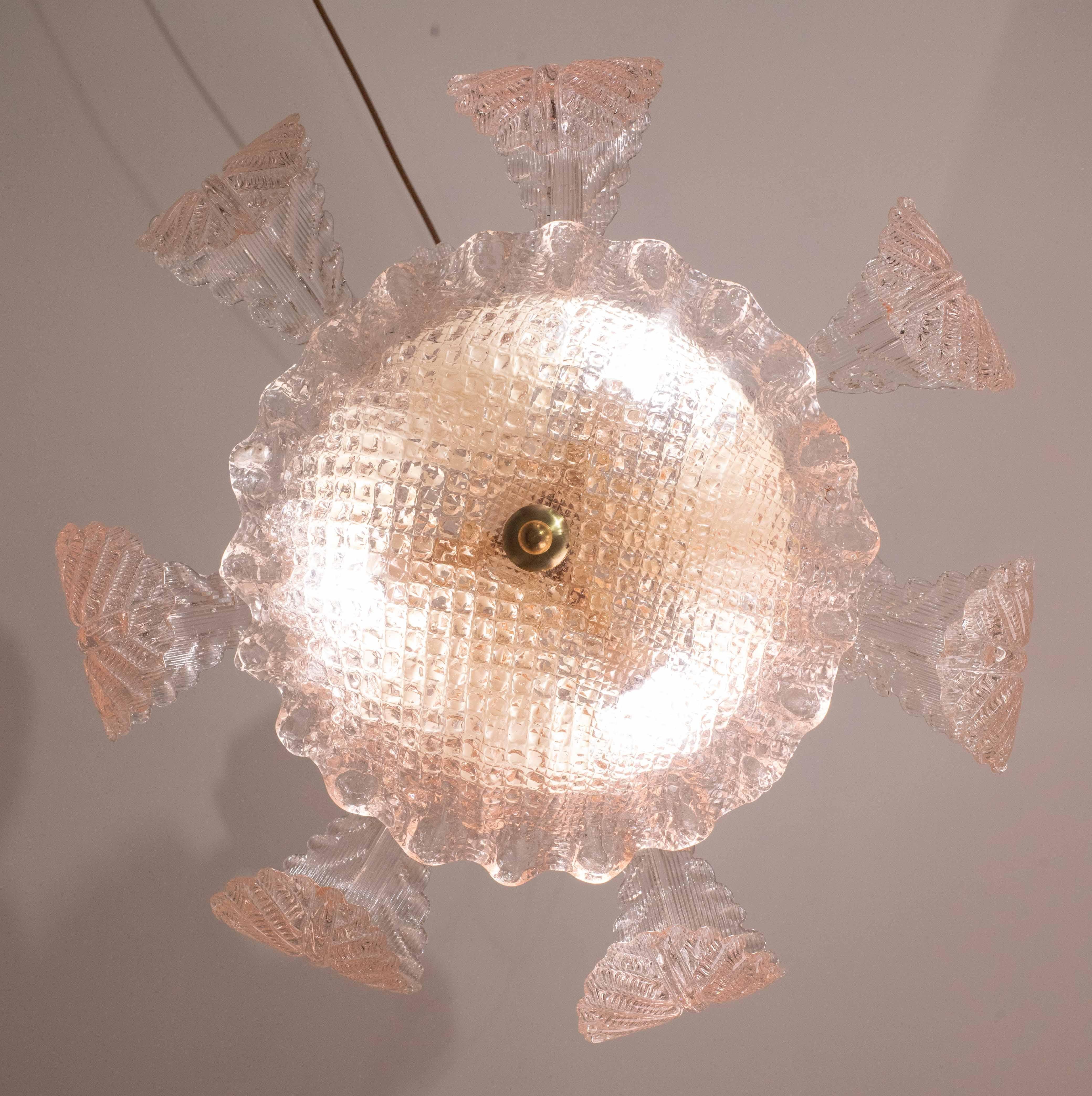 Art déco Pink Art Decò Barovier e Toso Chandelier, Murano Glass, 1950s en vente