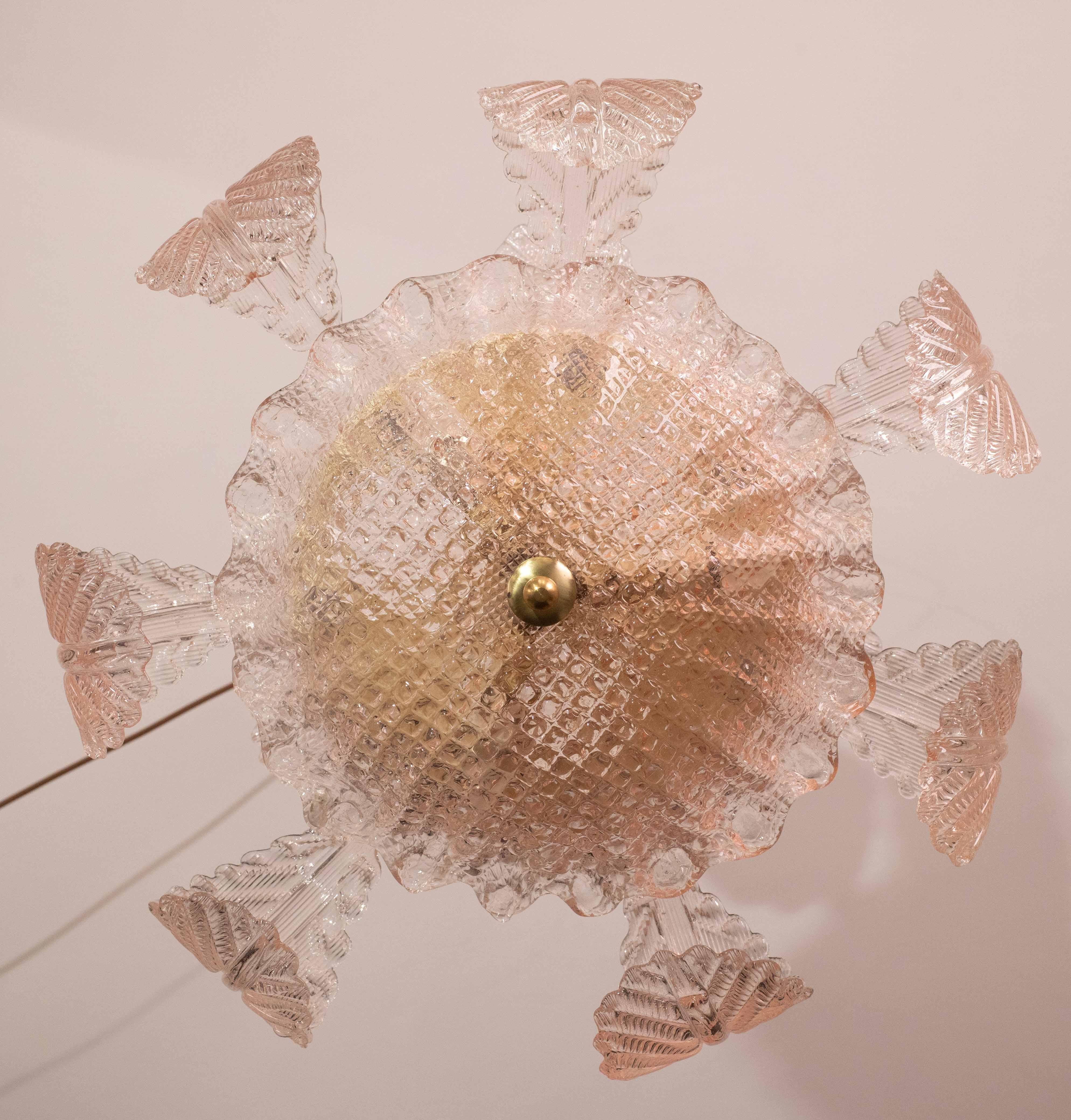 Européen Pink Art Decò Barovier e Toso Chandelier, Murano Glass, 1950s en vente