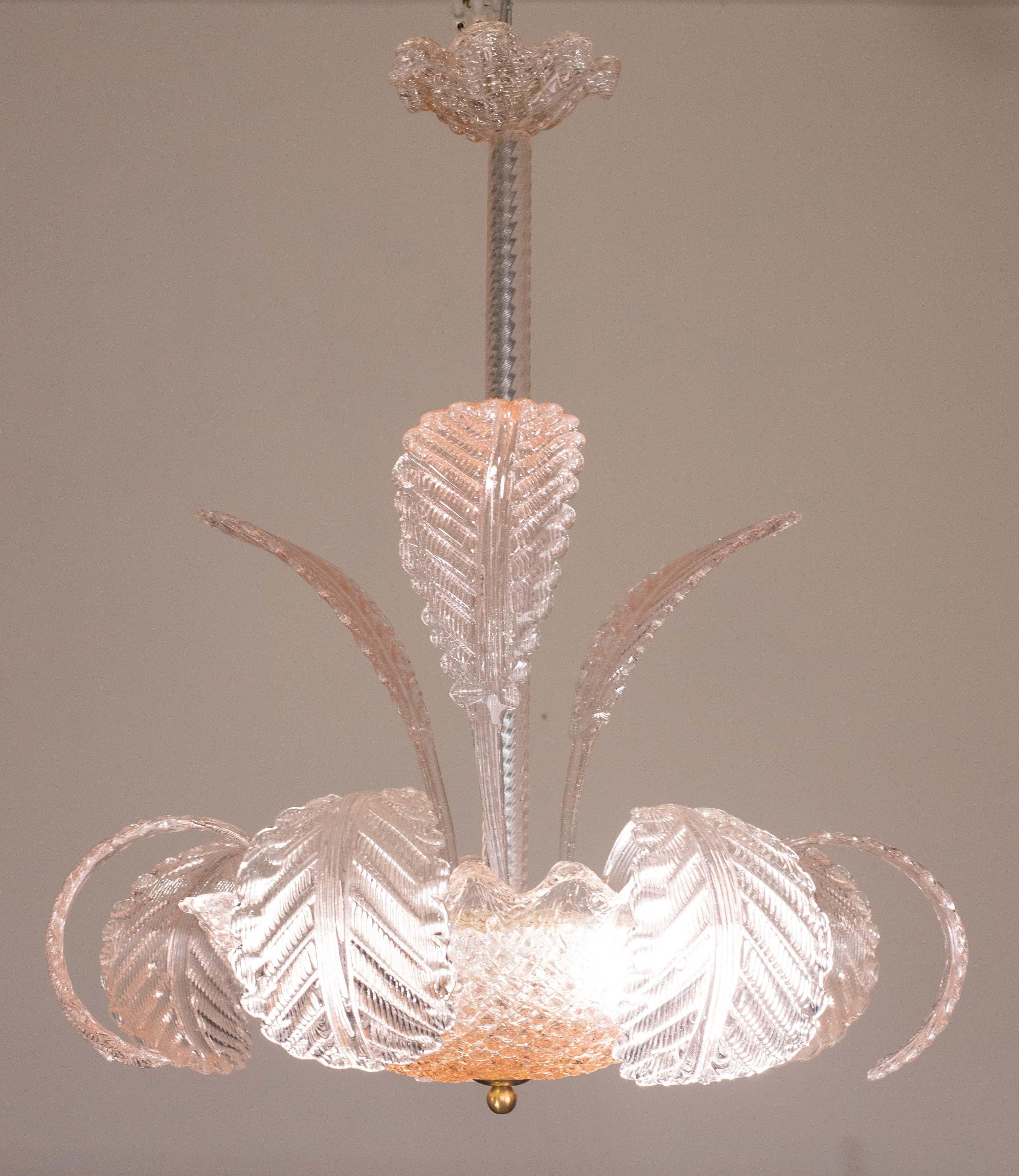 Pink Art Decò Barovier e Toso Chandelier, Murano Glass, 1950s Bon état - En vente à Roma, IT