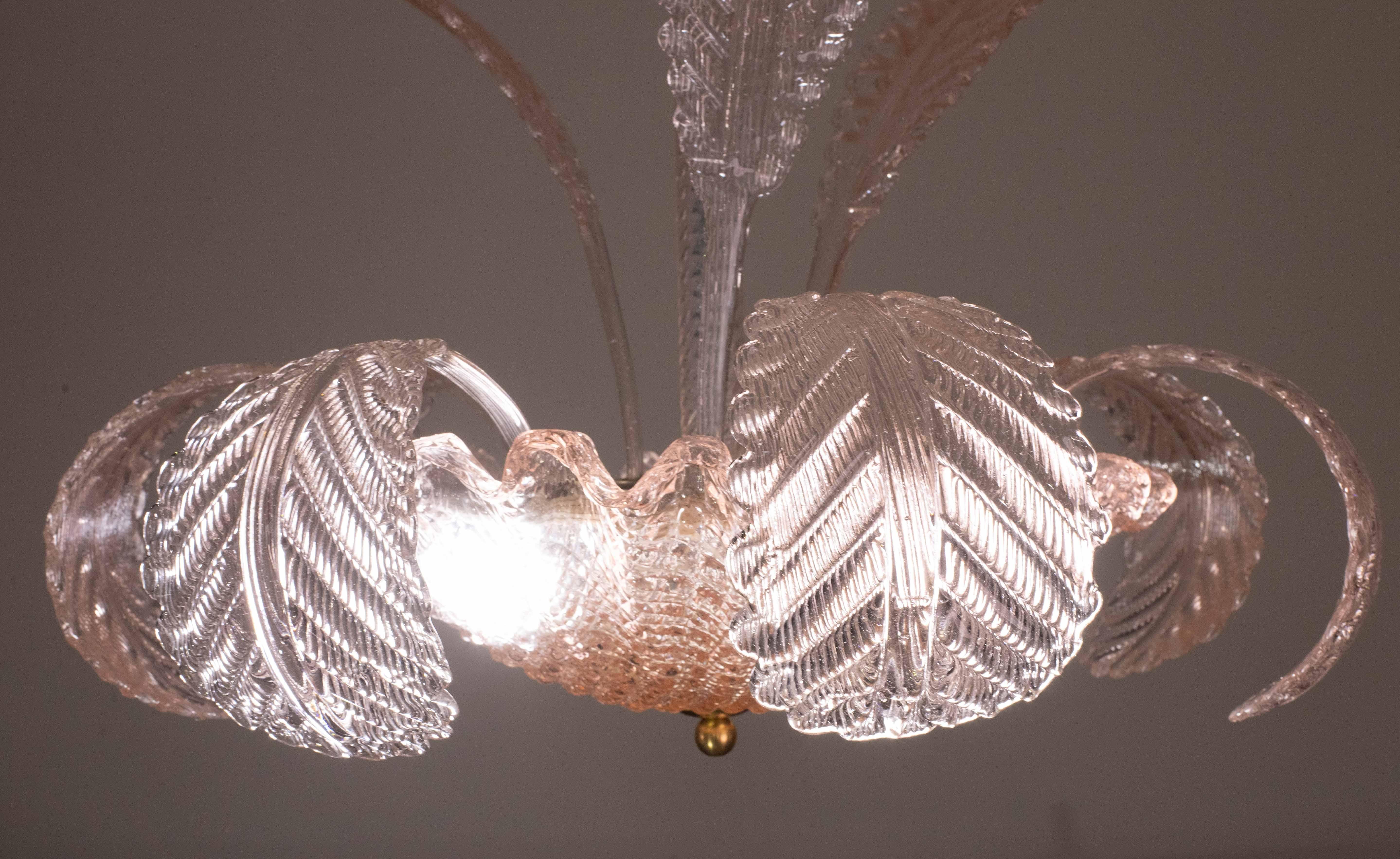 Pink Art Decò Barovier e Toso Chandelier, Murano Glass, 1950s en vente 1