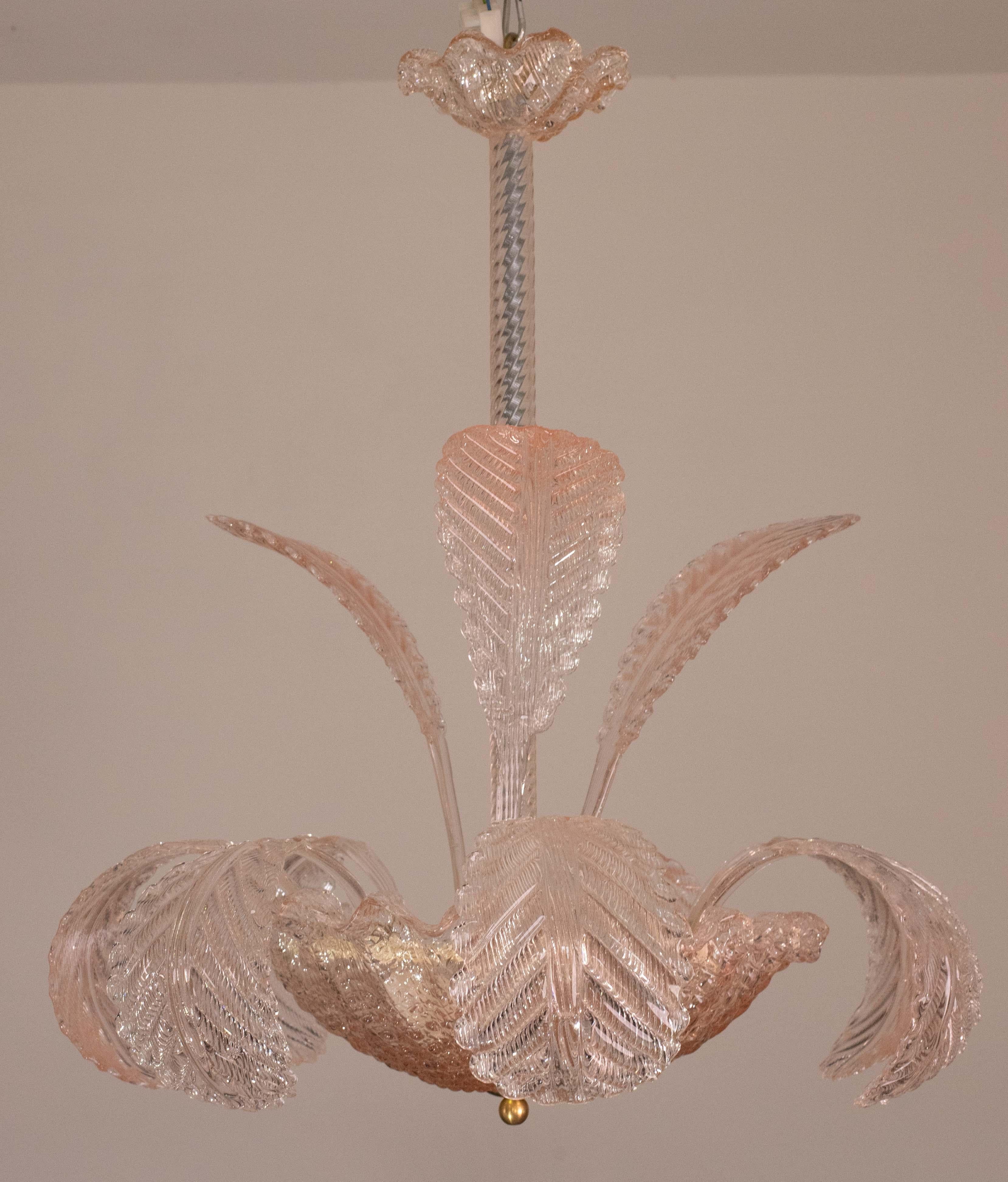 Pink Art Decò Barovier e Toso Chandelier, Murano Glass, 1950s en vente 2