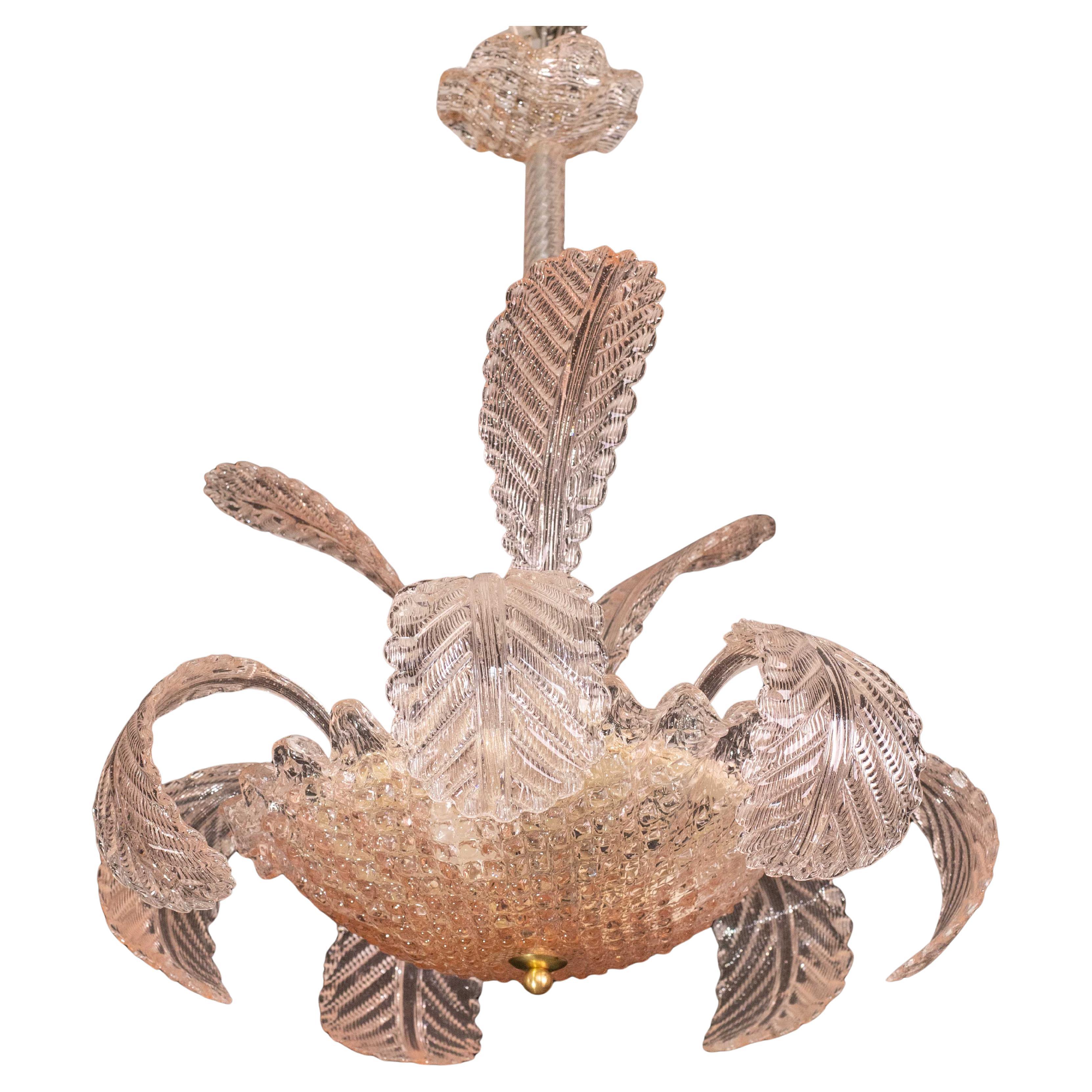Pink Art Decò Barovier e Toso Chandelier, Murano Glass, 1950s