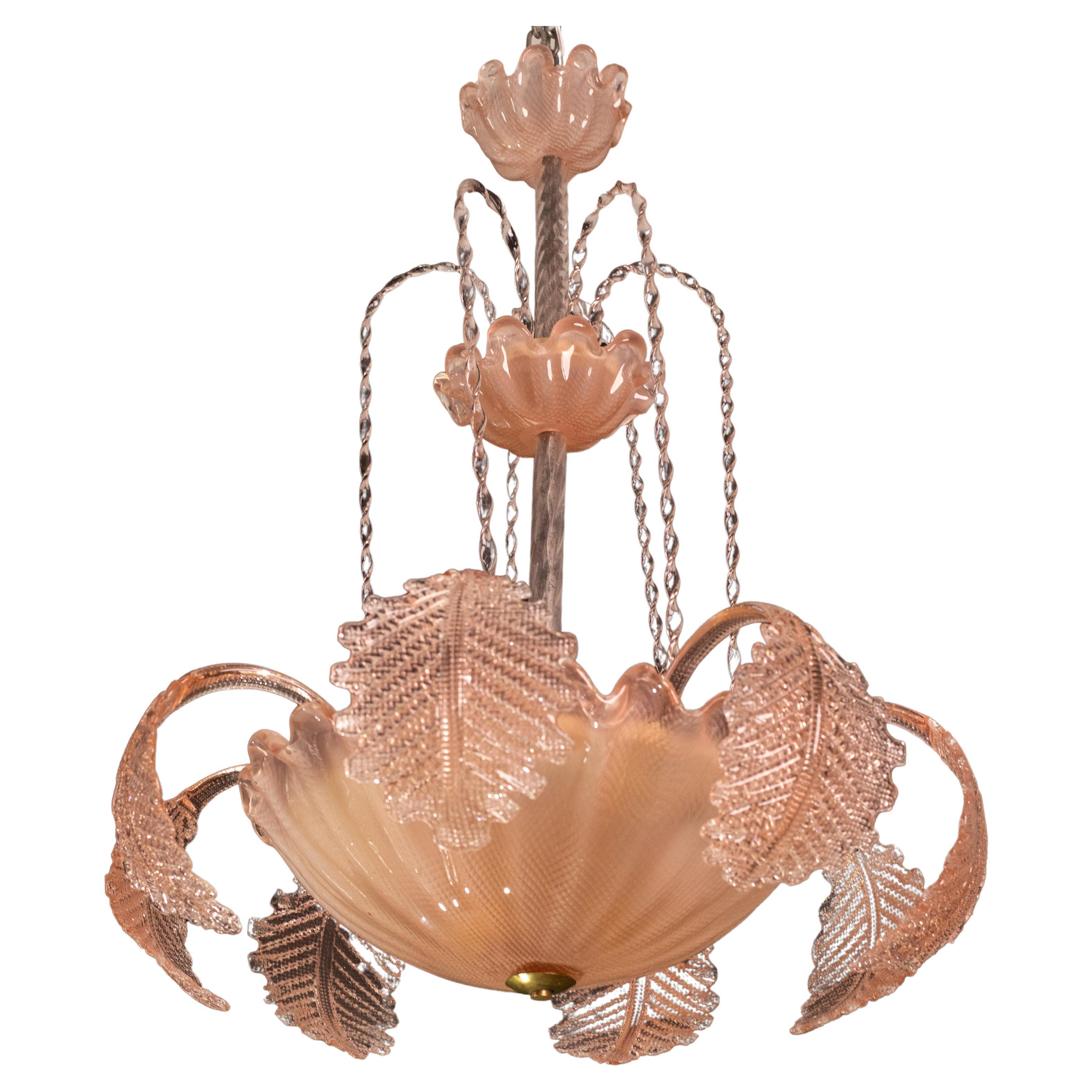 Lampe suspendue "Fountain" Barovier e Toso, verre de Murano, années 1940, art déco rose