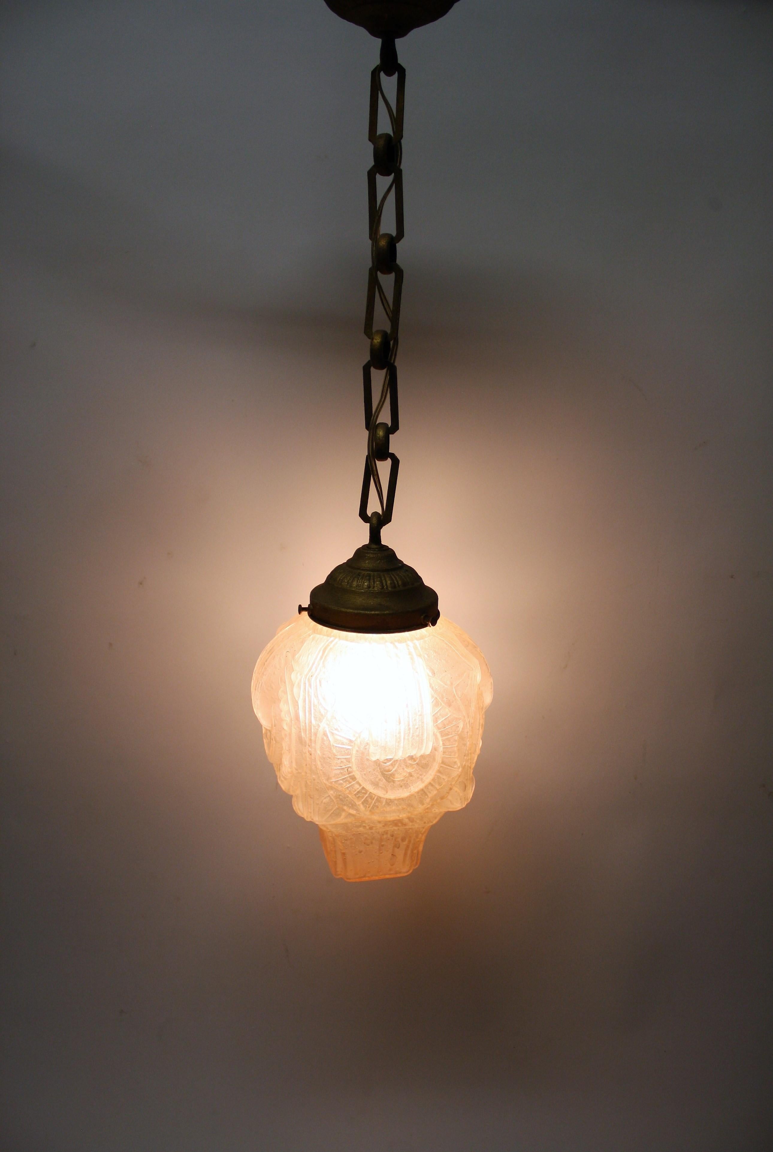 Pink Art Deco Pendant Light in Crackled Glass, 1930s 4