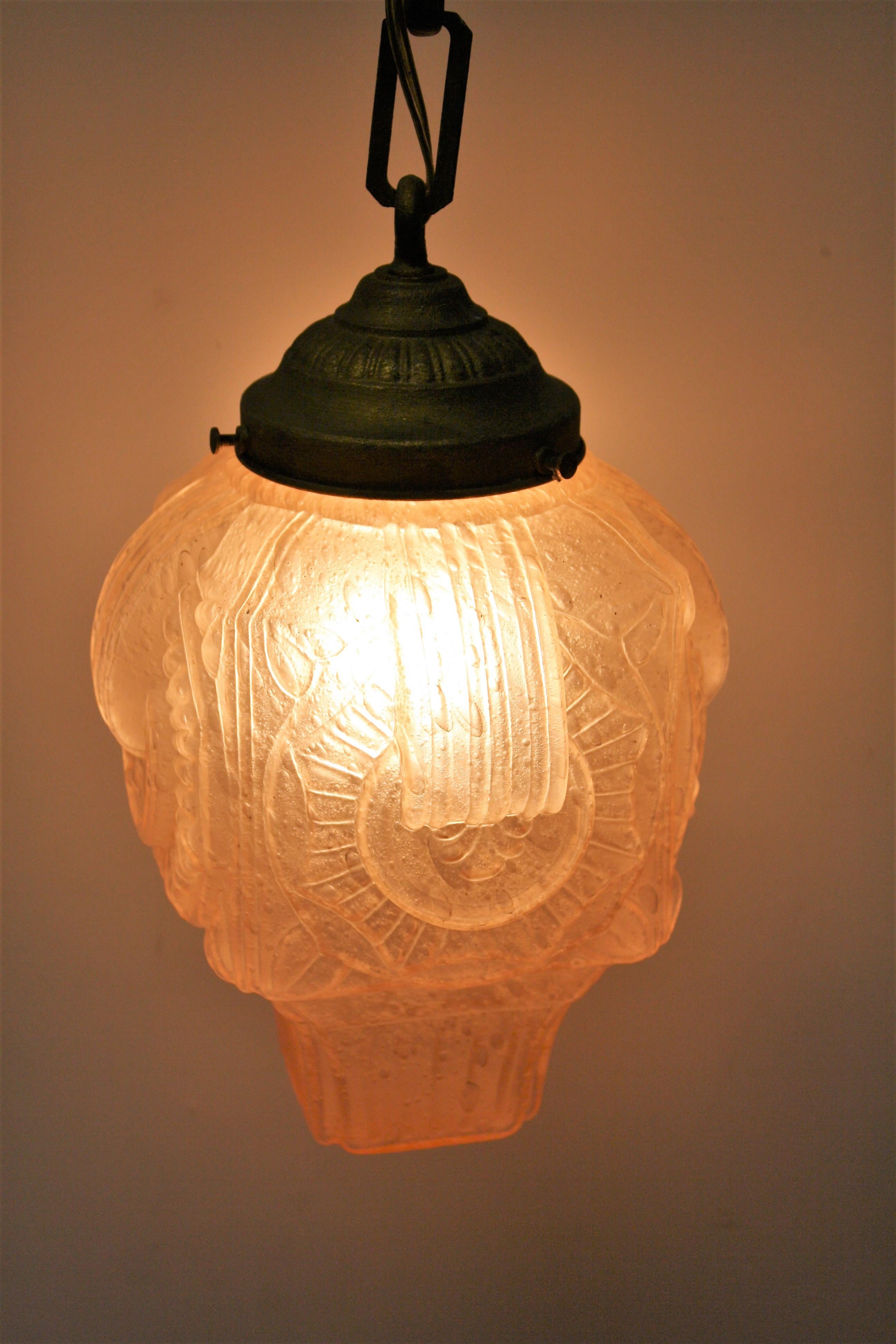 Pink Art Deco Pendant Light in Crackled Glass, 1930s 5