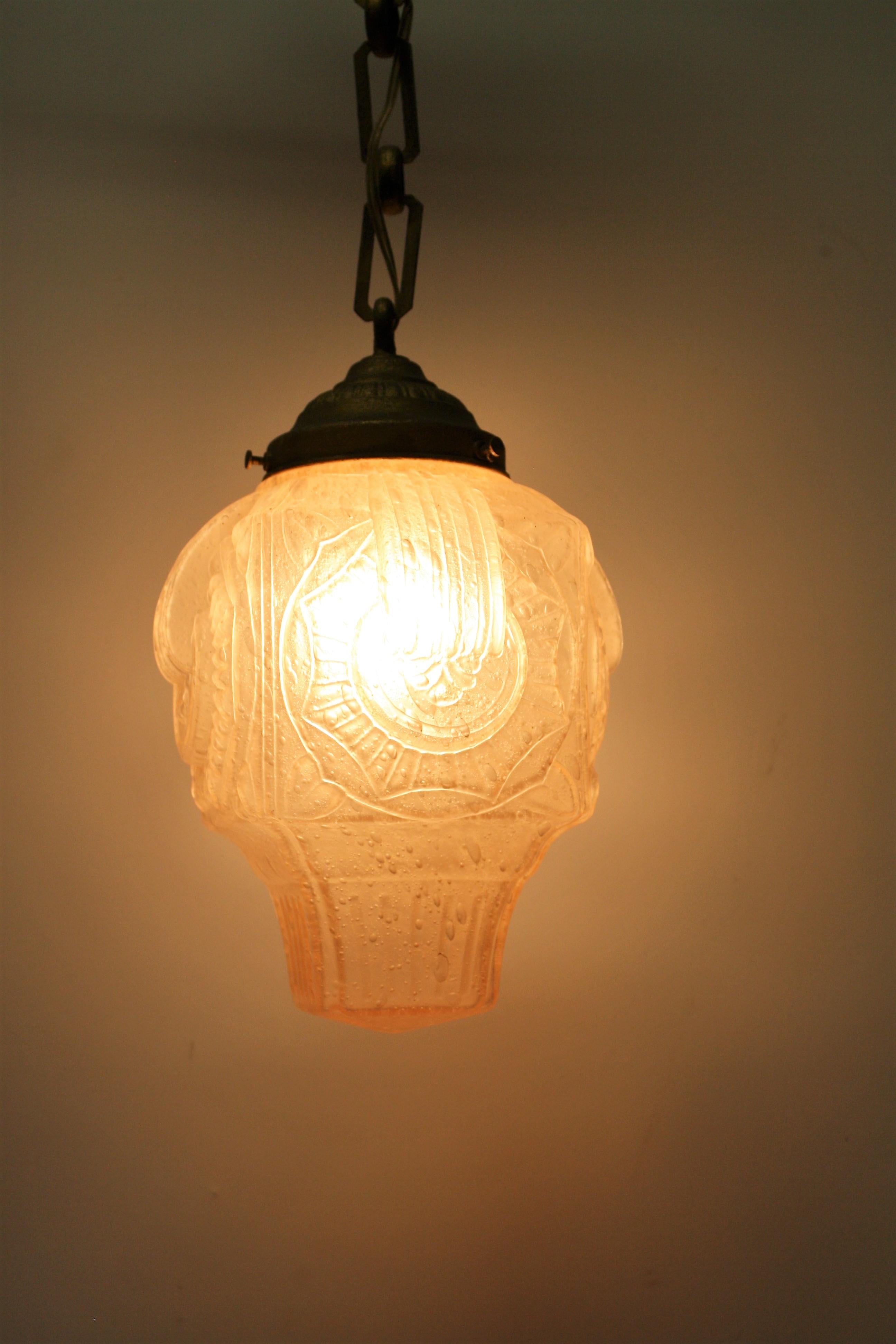 Pink Art Deco Pendant Light in Crackled Glass, 1930s 6