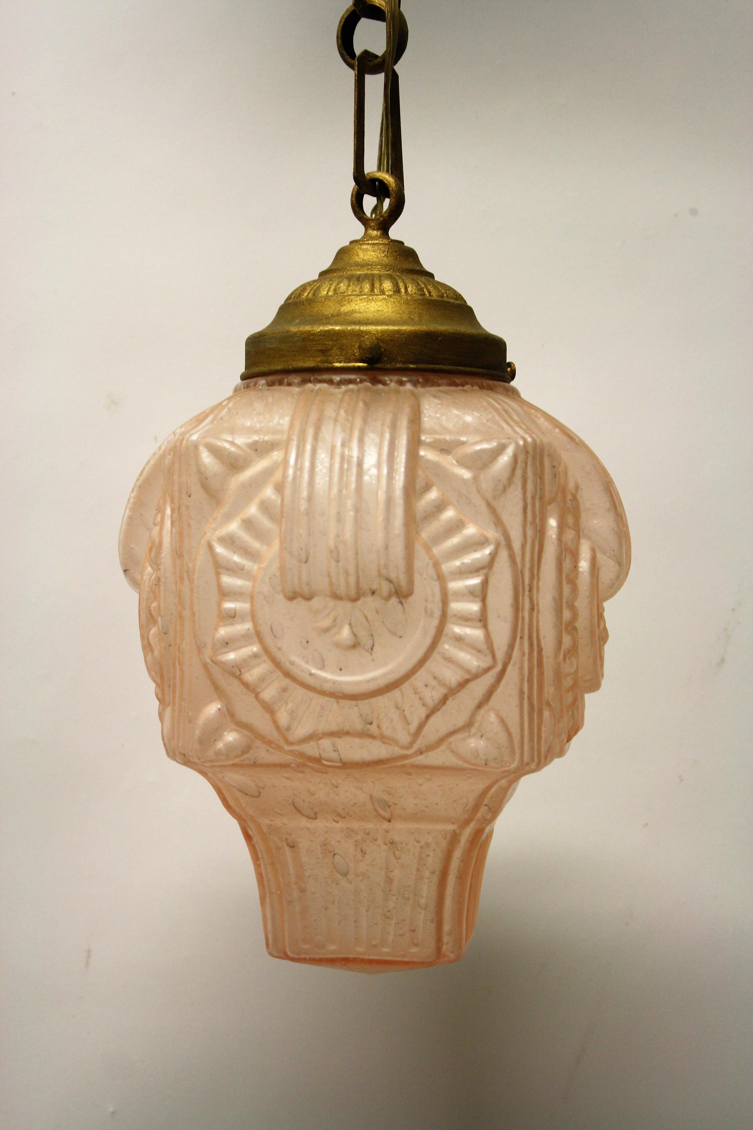 French Pink Art Deco Pendant Light in Crackled Glass, 1930s