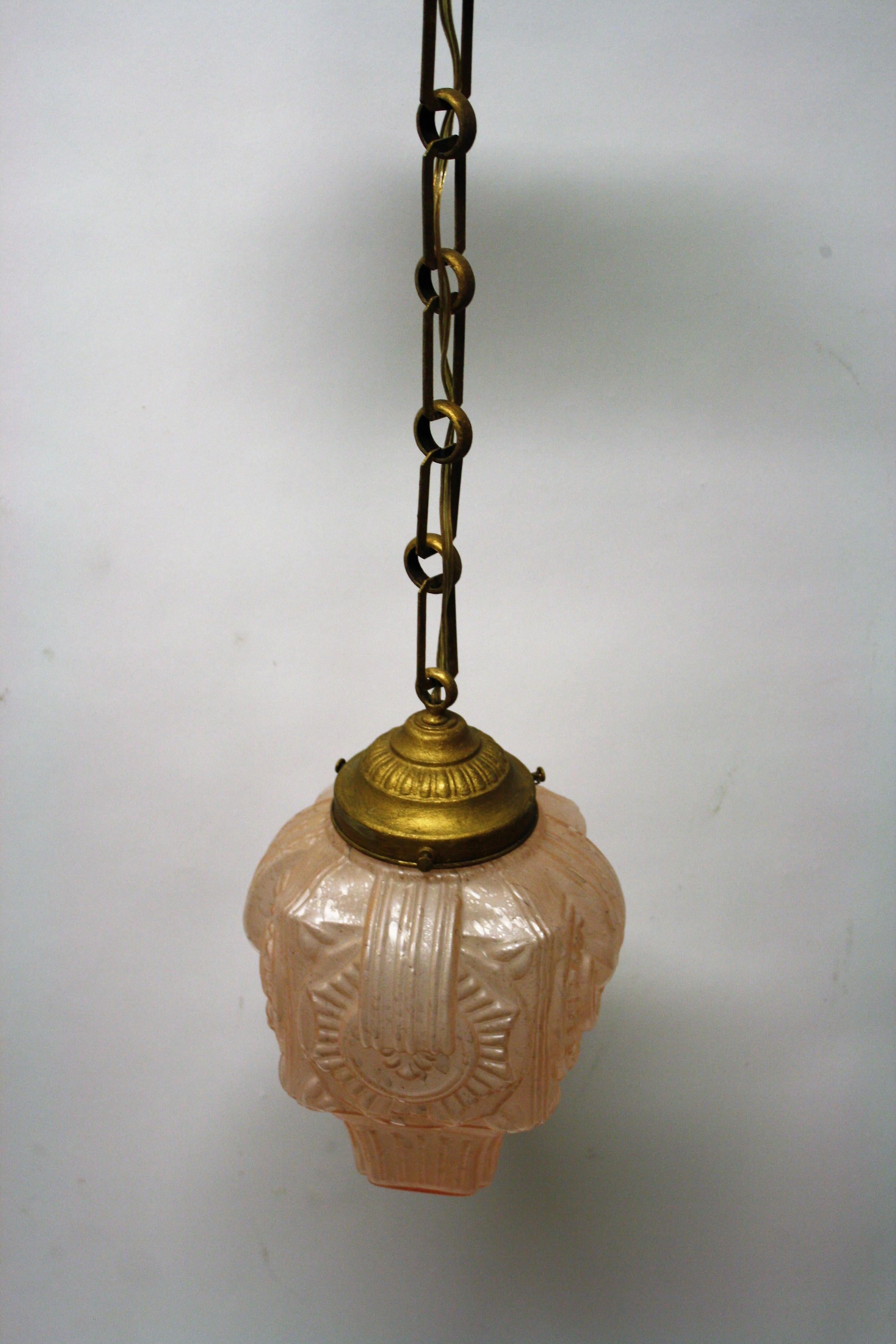 Mid-20th Century Pink Art Deco Pendant Light in Crackled Glass, 1930s