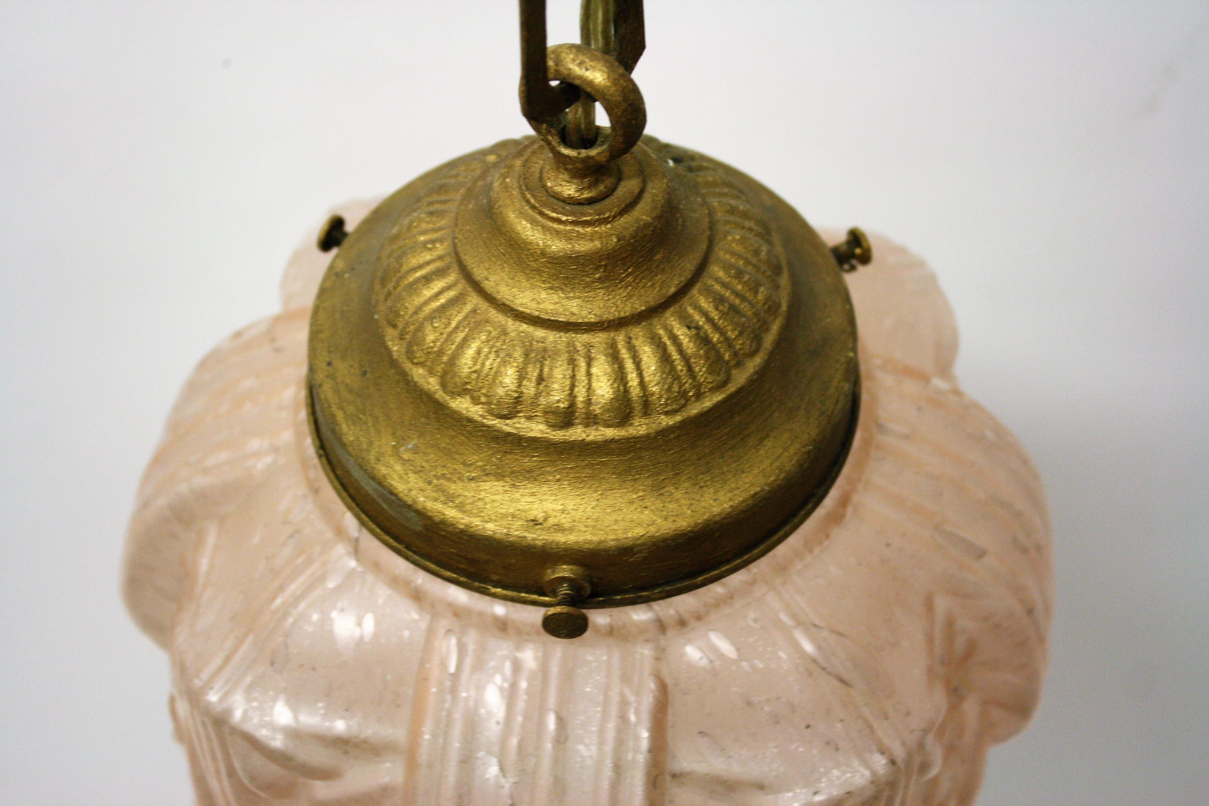 Pink Art Deco Pendant Light in Crackled Glass, 1930s 3