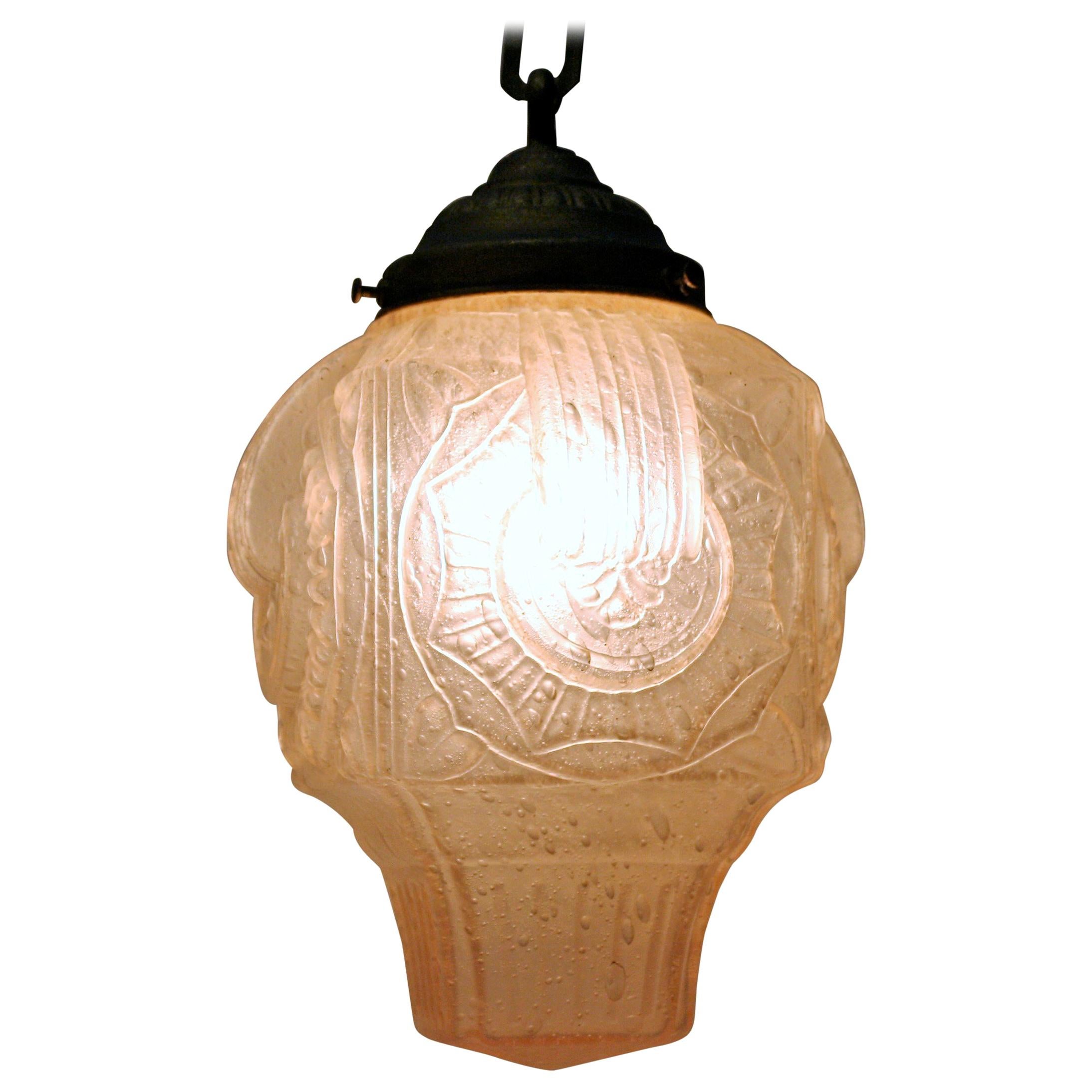 Pink Art Deco Pendant Light in Crackled Glass, 1930s