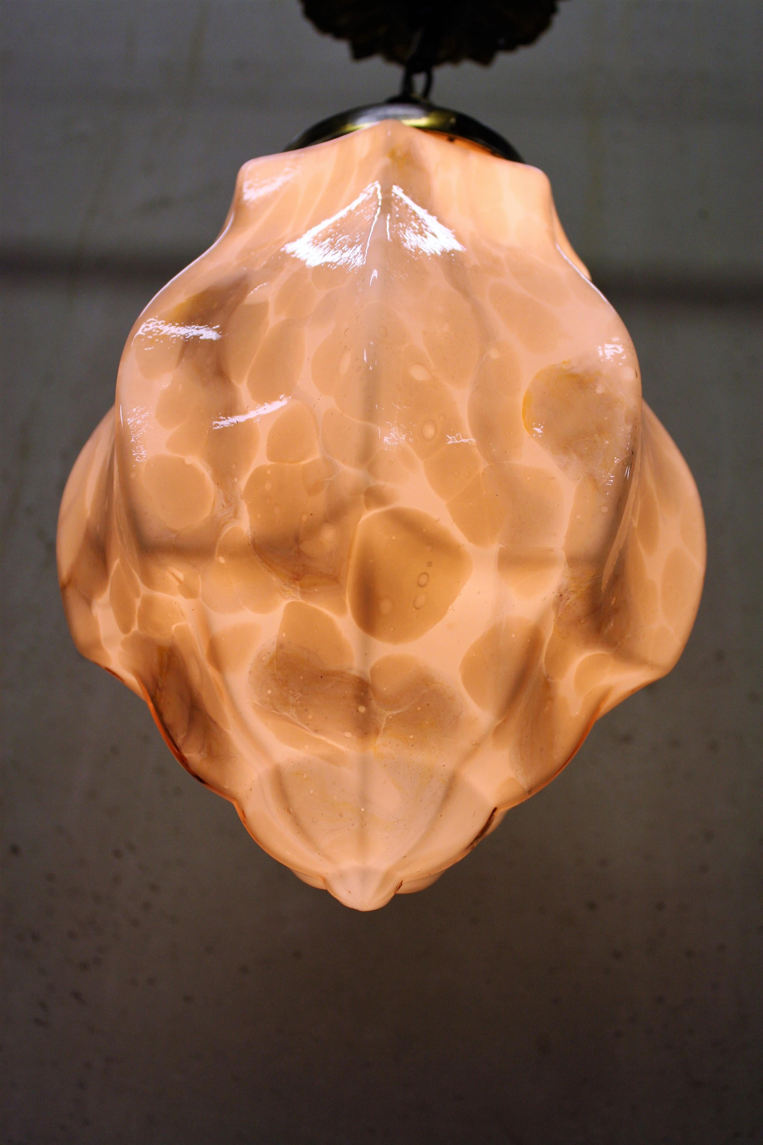 French Pink Art Deco Pendant Light with Marbled Glass, 1930s