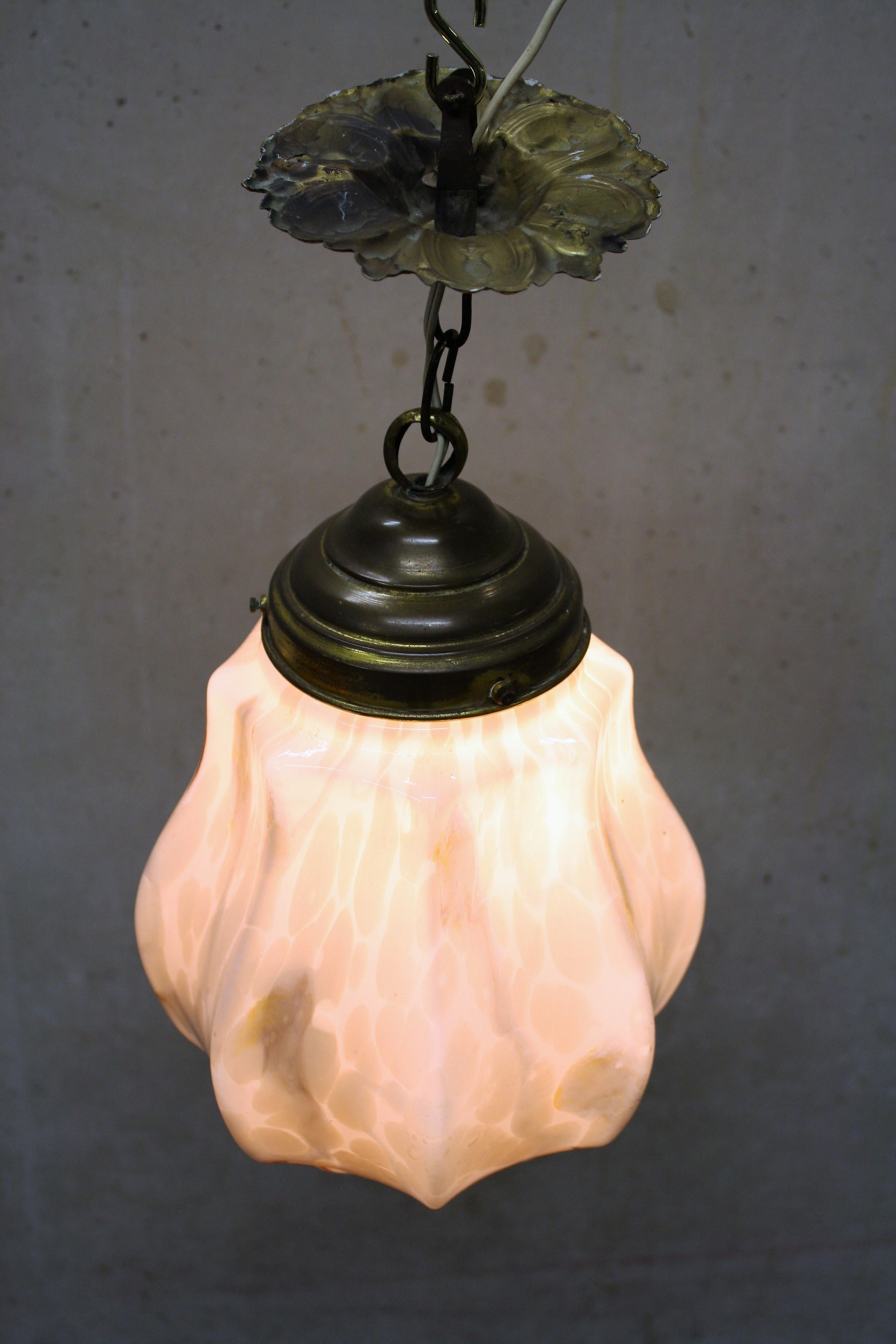 Mid-20th Century Pink Art Deco Pendant Light with Marbled Glass, 1930s