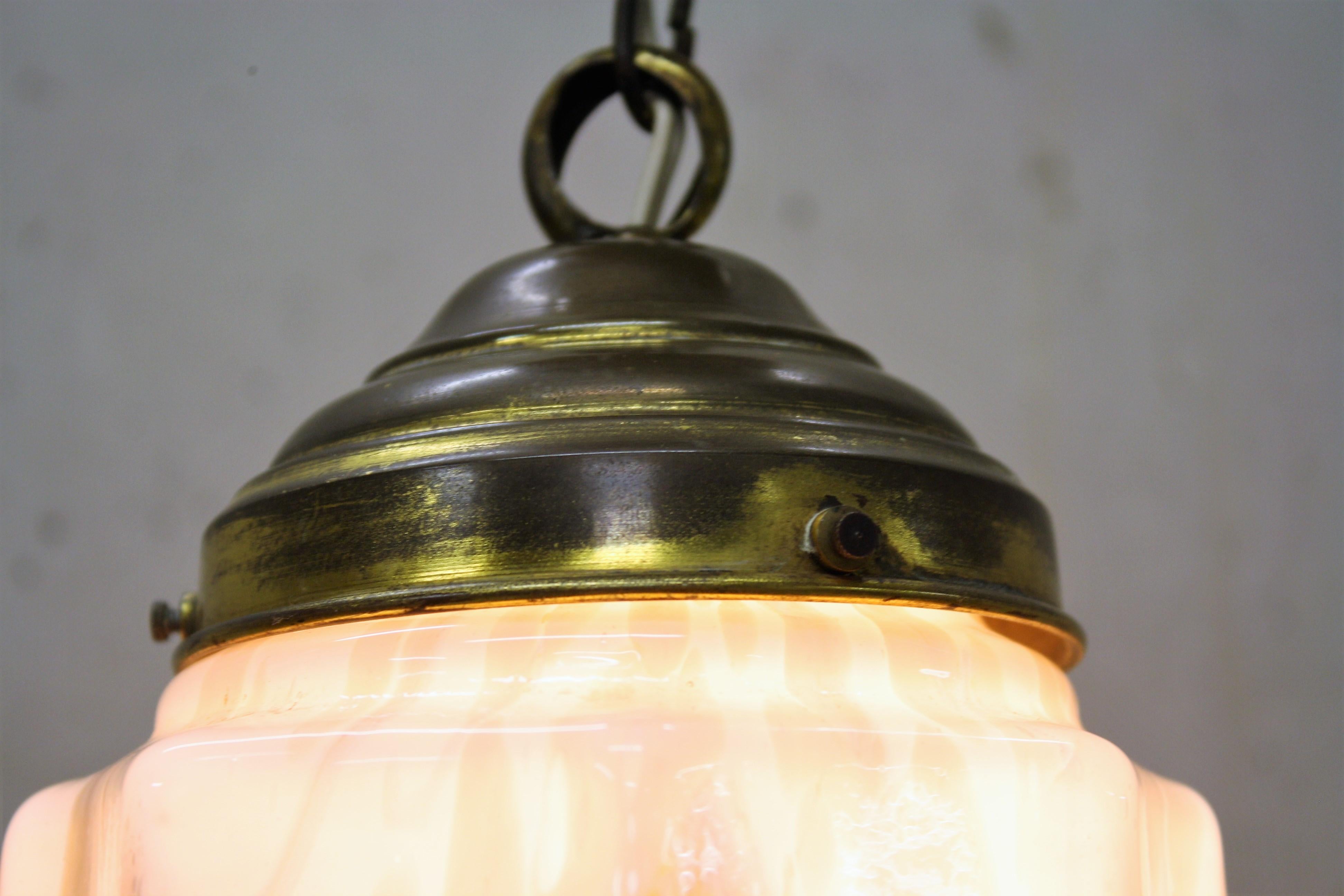Copper Pink Art Deco Pendant Light with Marbled Glass, 1930s