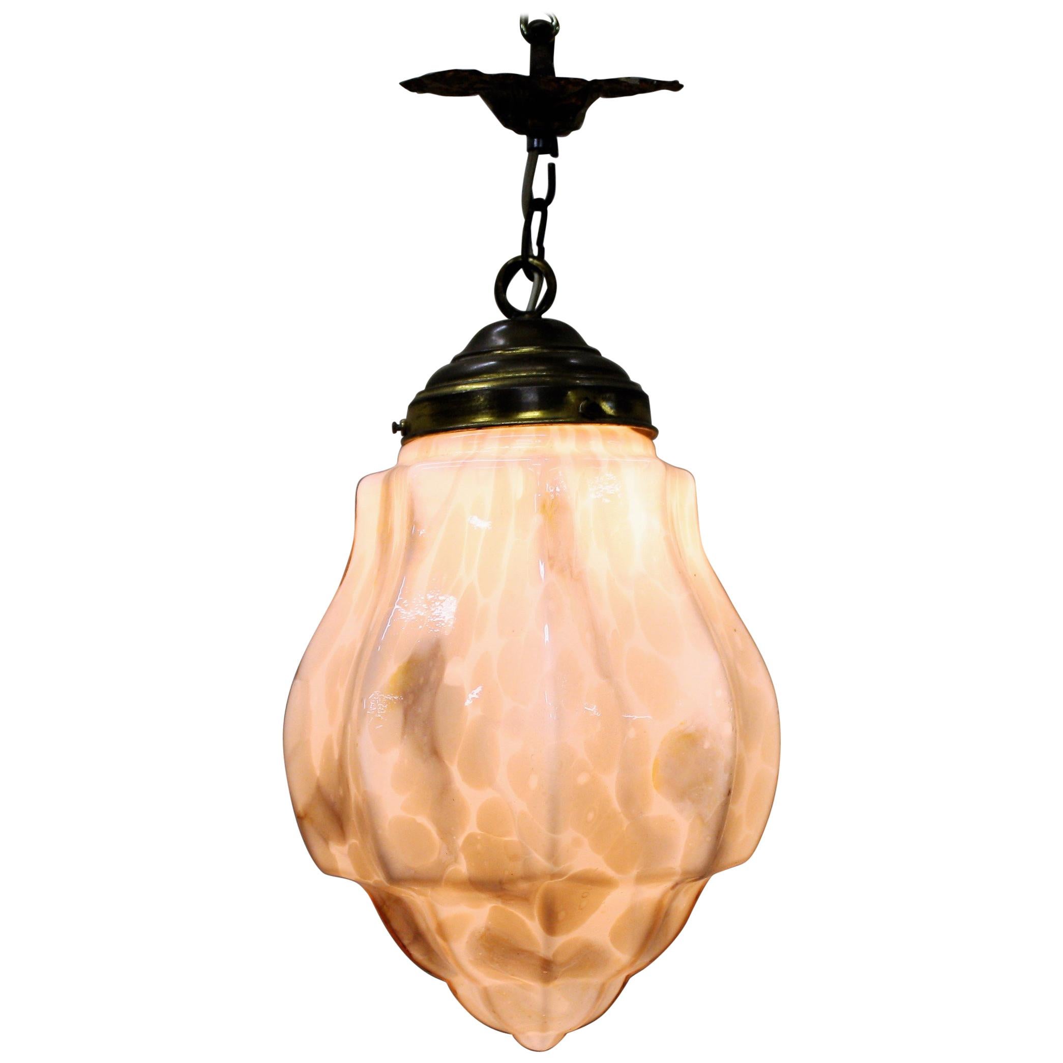 Pink Art Deco Pendant Light with Marbled Glass, 1930s