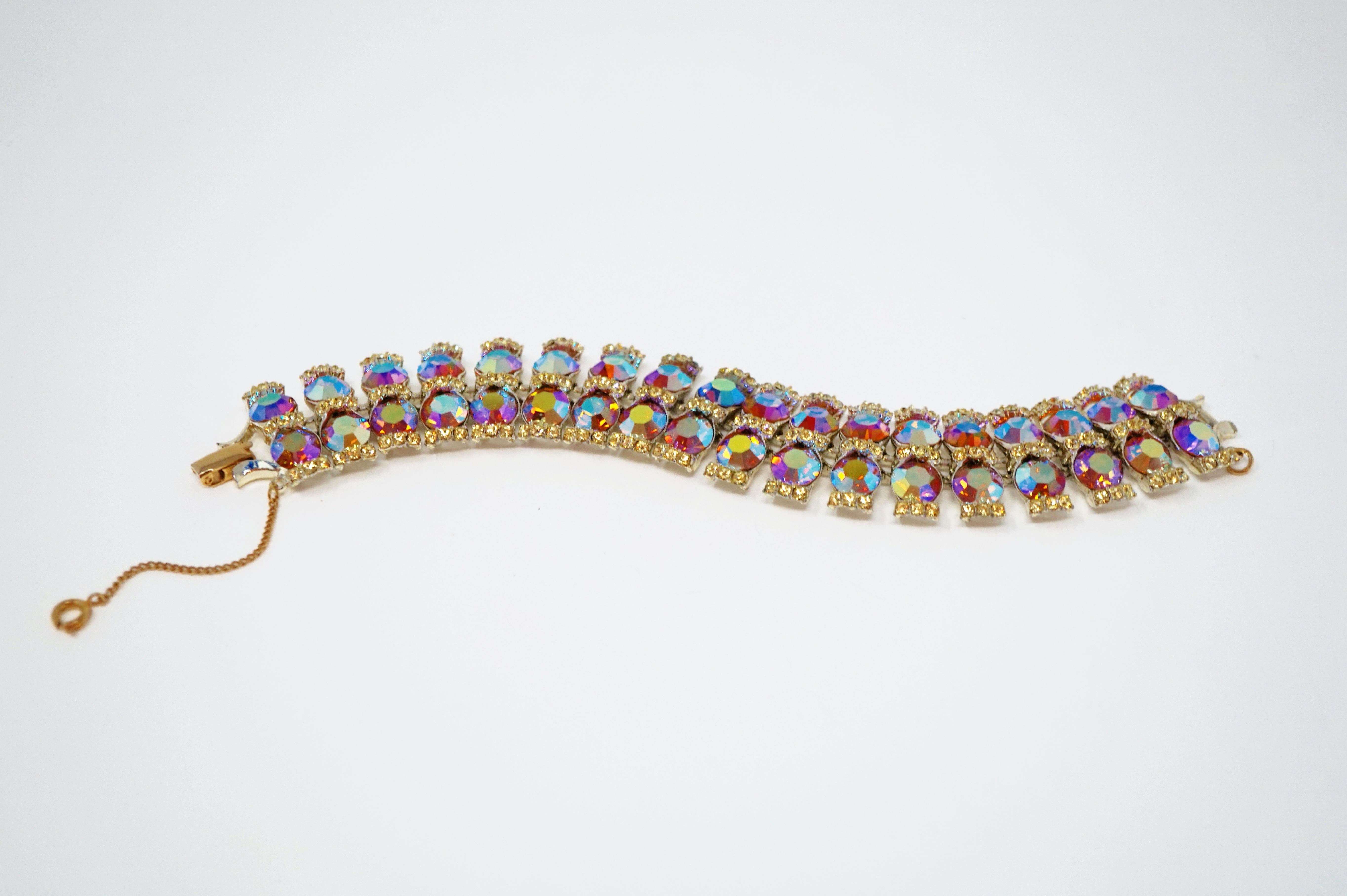 Modern Pink Aurora Borealis Rhinestone Demi-Parure Necklace & Bracelet Set, circa 1960s
