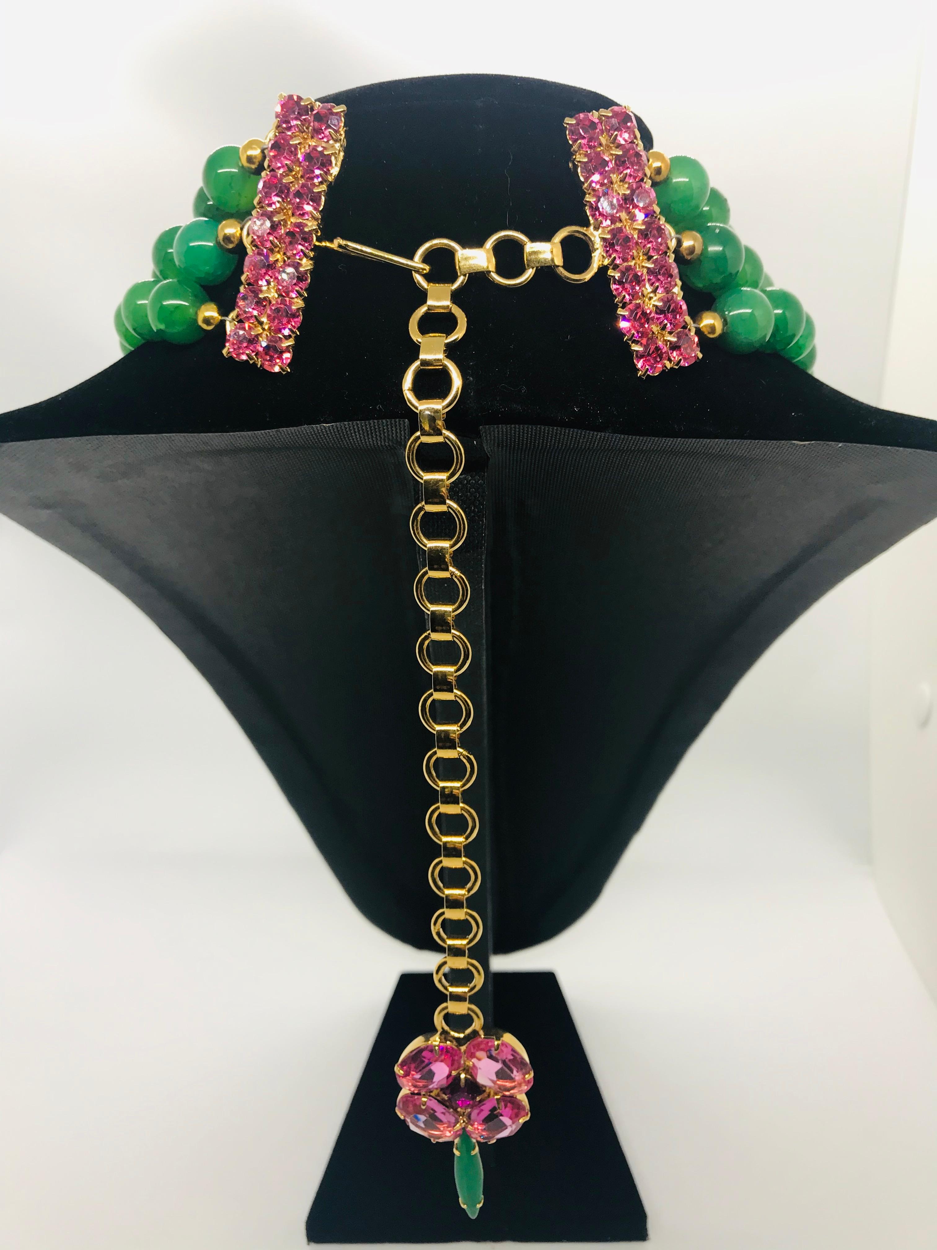 Pink Austrian Crystal Floral Cluster Green Agate Semi-Precious Bead Necklace For Sale 2